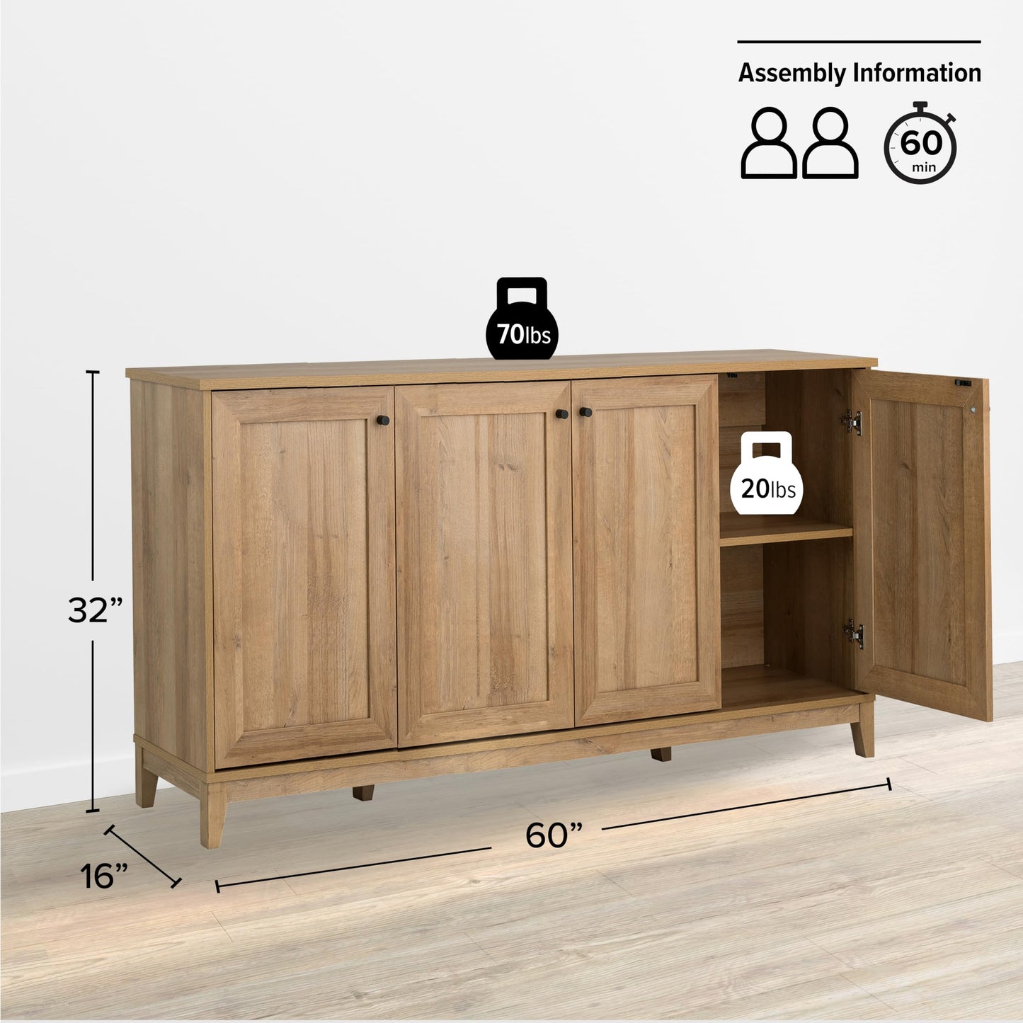 Prepac Yaletown 4 Panel Door Console Table with Storage, Oak Storage Cabinet with Doors and Shelves, Sideboard Storage Cabinet 60" W x 32" H x 16" D, OCBG-2220-1