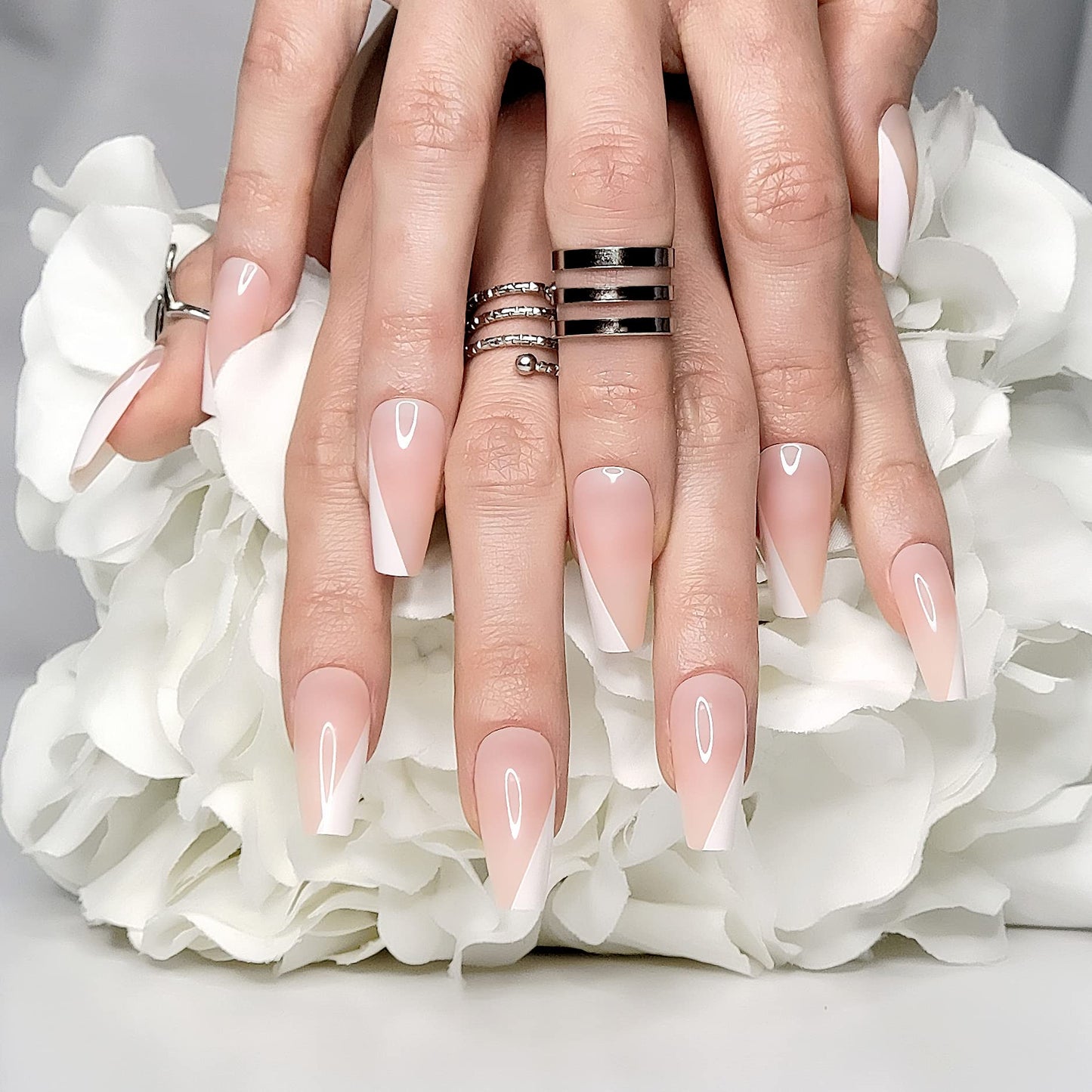Hypnaughty 24 Pcs Paris Classy French Coffin Press On Nails with Design and Glue Medium Long Fake Nails Nude Pink and White Asymmetrical French Tip Glue On Nails Full Cover (Paris)