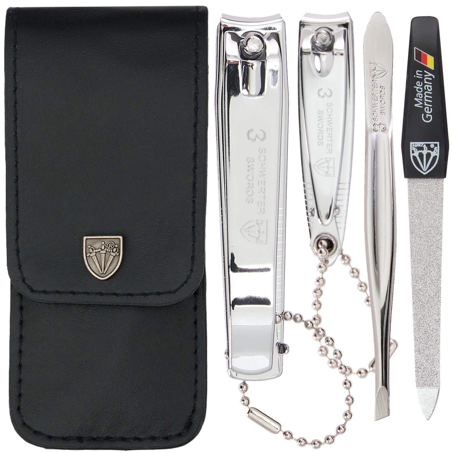 3 Swords Germany - Brand Quality 4 Piece Manicure Pedicure Grooming kit Set for Professional Finger & Toe Nail Care Tweezers File Clipper Fashion Leather case in Gift Box, Made by 3 Swords (77211)