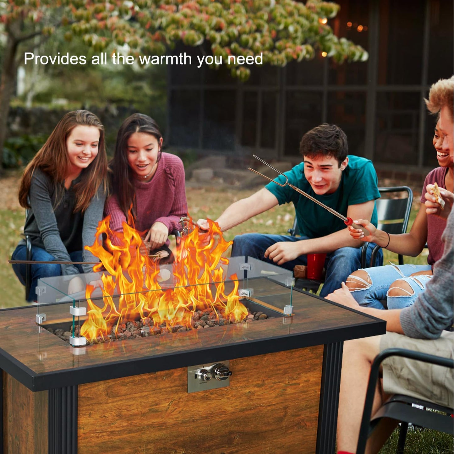 GarveeLife 44 in Gas Fire Pit Square Table, 50,000 BTU Propane Fire Table with Tempered Glass Wind Gaurd, Pulse Switch, Rain Cover, for Foolside, Lawn, Outside Garden, Thermal Transfer Woodgrain