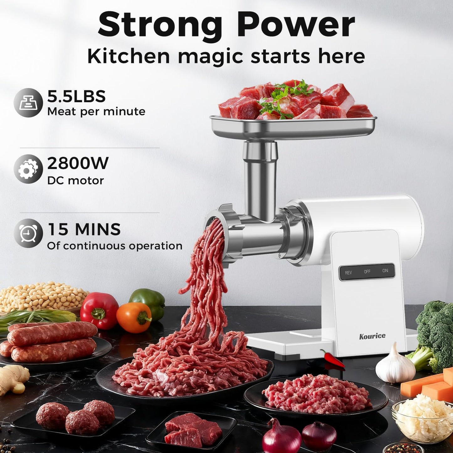 Kourice Meat Grinder, Electric Meat Grinder with Sausage Stuffer Maker & Kubbe Kit, Metal-Body Meat Mincer with 3 Stainless Steel Grinding Plates & 2 Blades for Home Kitchen Using