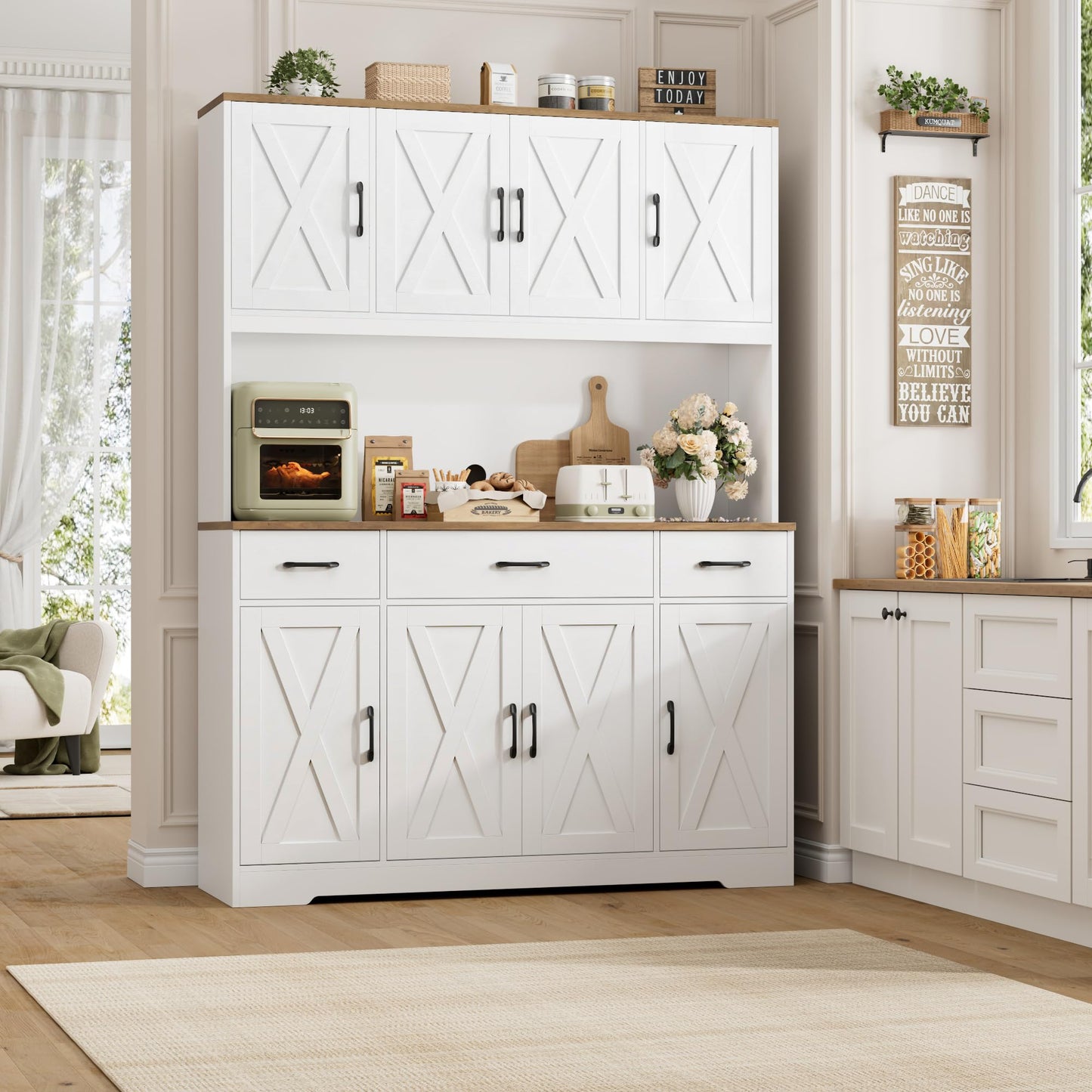HOSTACK 71" Tall Pantry Cabinet with Charging Station, 55" Wide Kitchen Pantry Storage Cabinet with Countertop, Large Kitchen Hutch with Storage Drawers and Microwave Stand for Dining Room, White