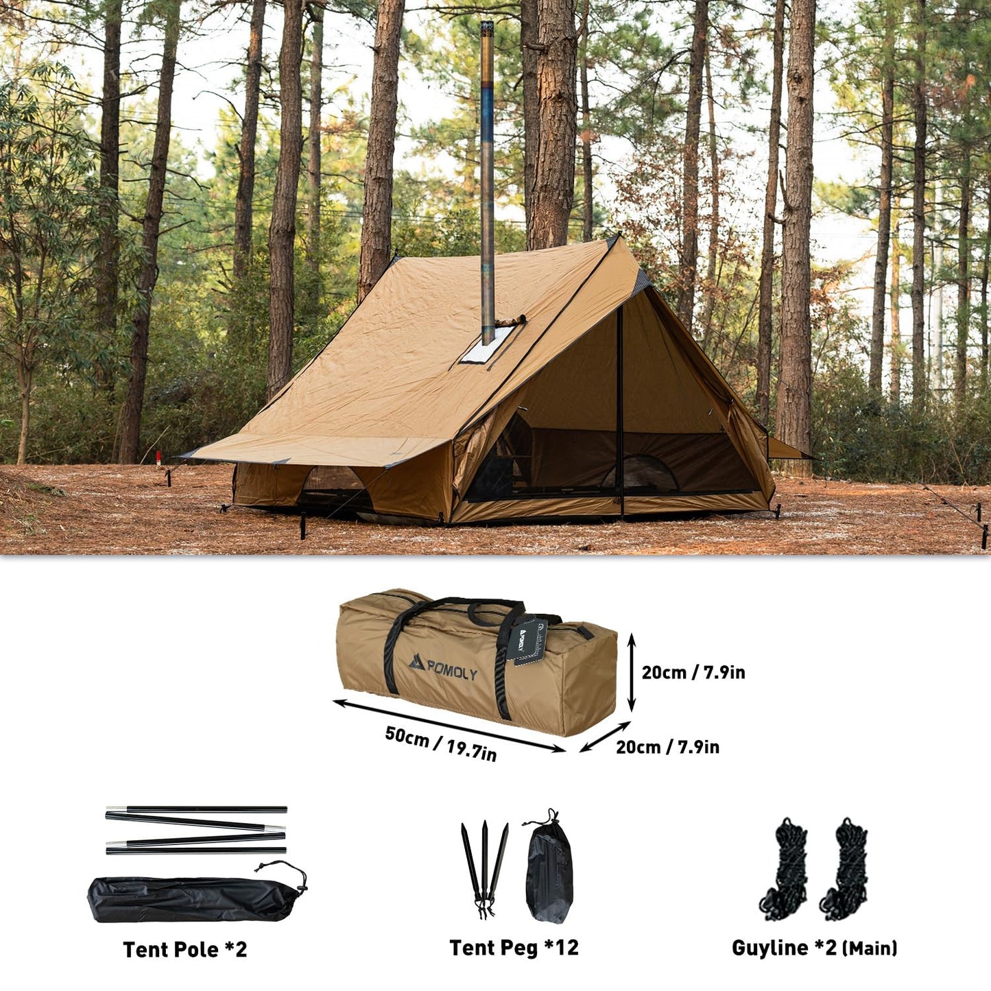 POMOLY Camping Hot Tent Cabin Tent, Chalet 70 Pro Portable Wall Tents with Stove Jack and Two Poles for 2-3 Person Hiking, Backpacking (M)
