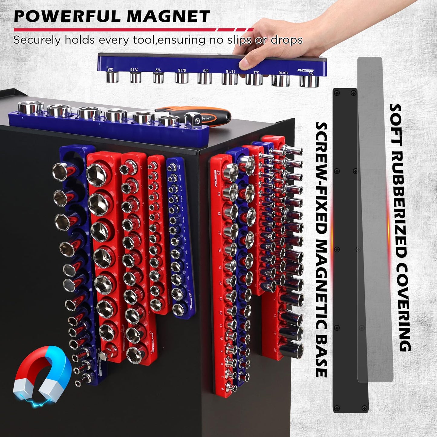 12-Piece 1/4" 3/8" 1/2"-Drive SAE & Metric Magnetic Socket Organizer Set (Holds 143 Sockets) -Detachable Tool Tray with 5mm Magnetic Base for Garage/Home(Sockets Not Included)