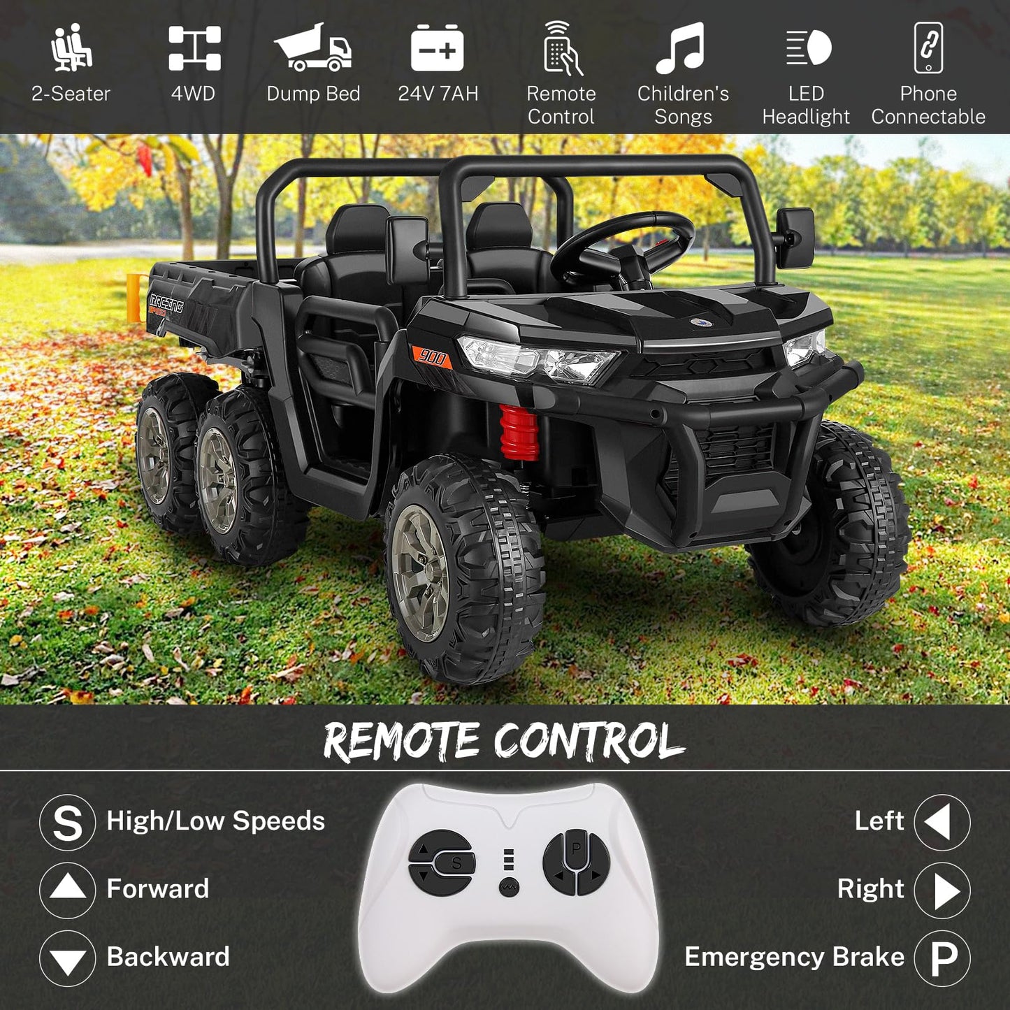 Hikole 2 Seater Ride on Car with Remote, 24V Kids Electric Cars w/Dump Bed, 6 Suspension, 4WD, 3 Speeds, Music, Storage Trunk-6x6 Ride On UTV Truck for Big Kids Boys Girls Age 3-8, Black