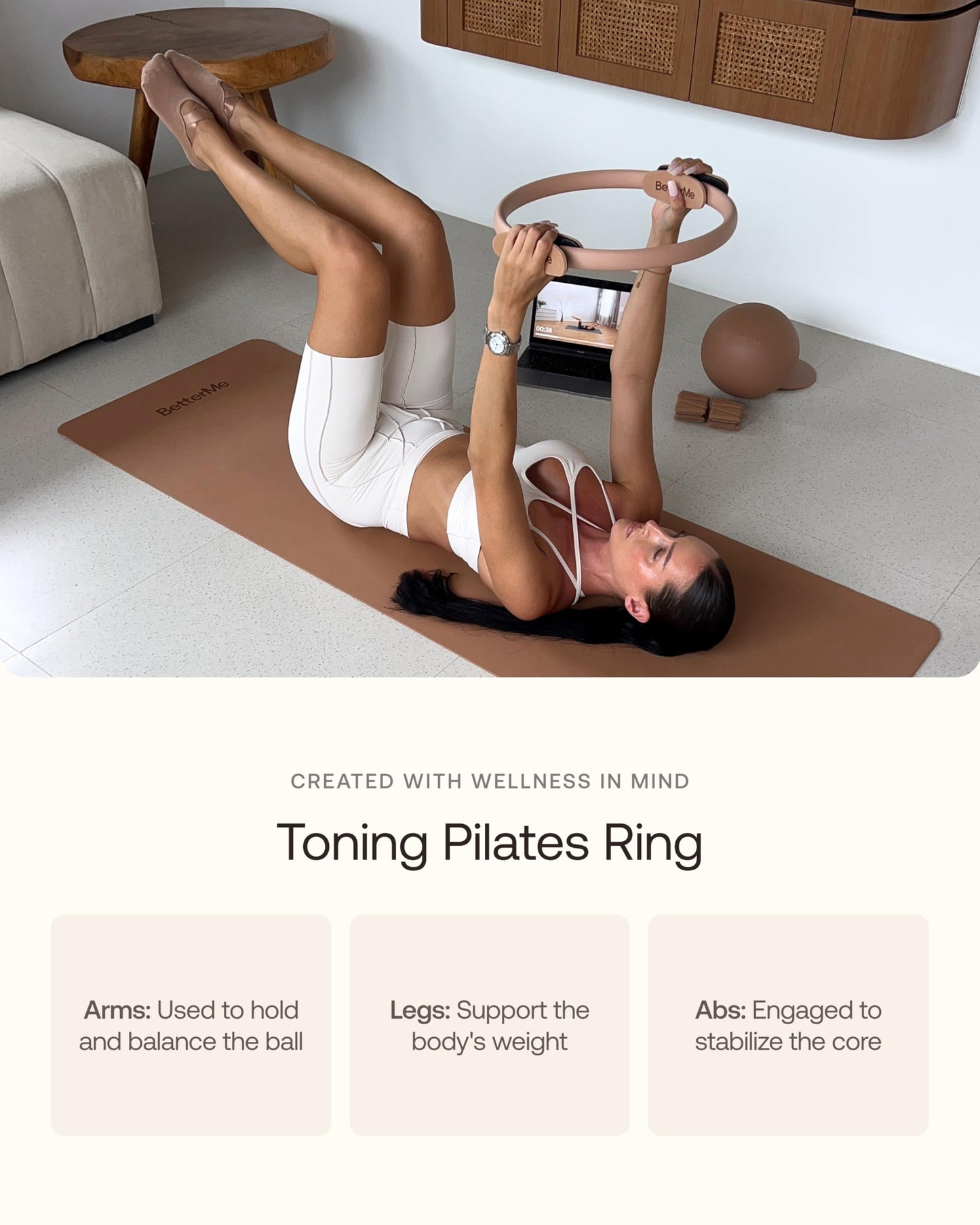 BetterMe Toning Pilates Ring – Magic Circle Pilates Ring for Strength & Flexibility – 15 Inch Fitness Ring for Home Pilates & Yoga Workouts (Mocha)