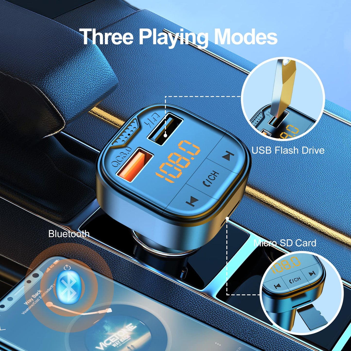 Bluetooth Adapter for Car，Bluetooth FM Transmitter for Car,MP3 Player QC3.0 Quick Charge for All Smartphones Audio Players，Supports TF/SD Card and USB