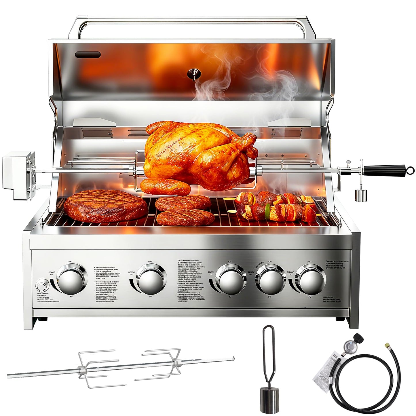 BODEGA 5 Burner Built In Gas Grill Island Head, Stainless Steel 30 Inch Propane Grill with Rear Burner, 58000 BTUs, 988.5 SQ In Racks, Dual Fuel Compatibility, Gas Grill Outdoor Cooking, BBQ Fork Kit.