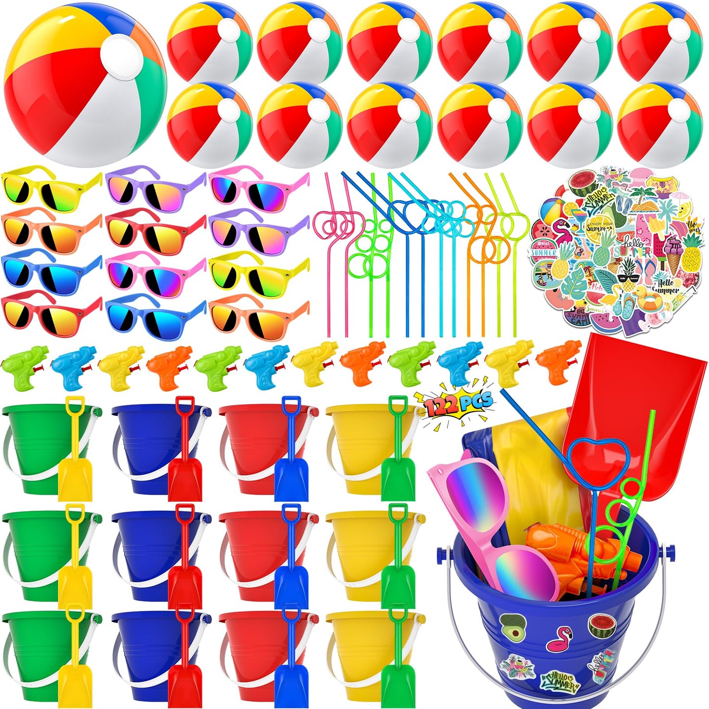 GIFTINBOX Pool Beach Summer Party Favors For Kids Ages 4-8- 122PCS Summer Beach Toys Include Beach Balls , Kids Sunglasses, Sand Buckets,Straws, For Pool Party Supplies,sand Toys