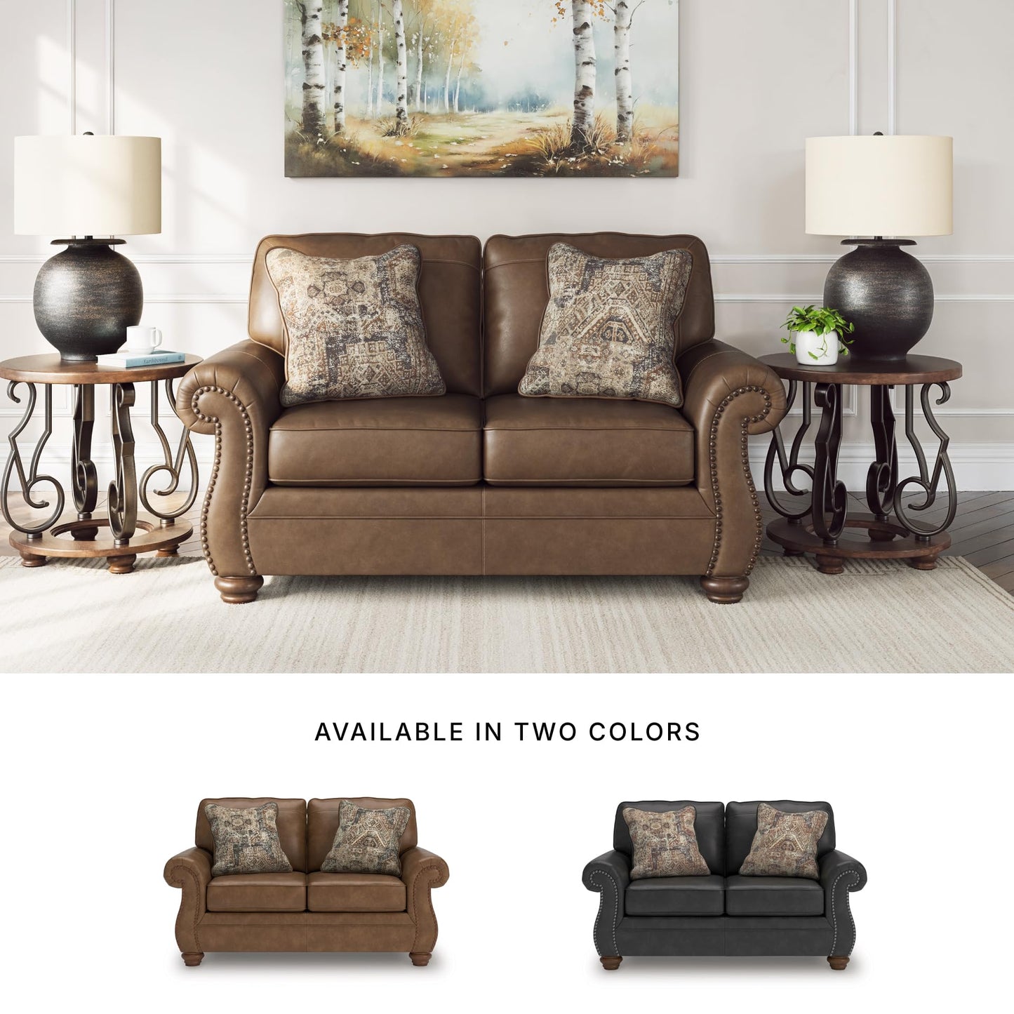 Signature Design by Ashley Shadsburne Rustic Faux Leather Loveseat with Nailhead Trim and 2 Throw Pillows, Brown