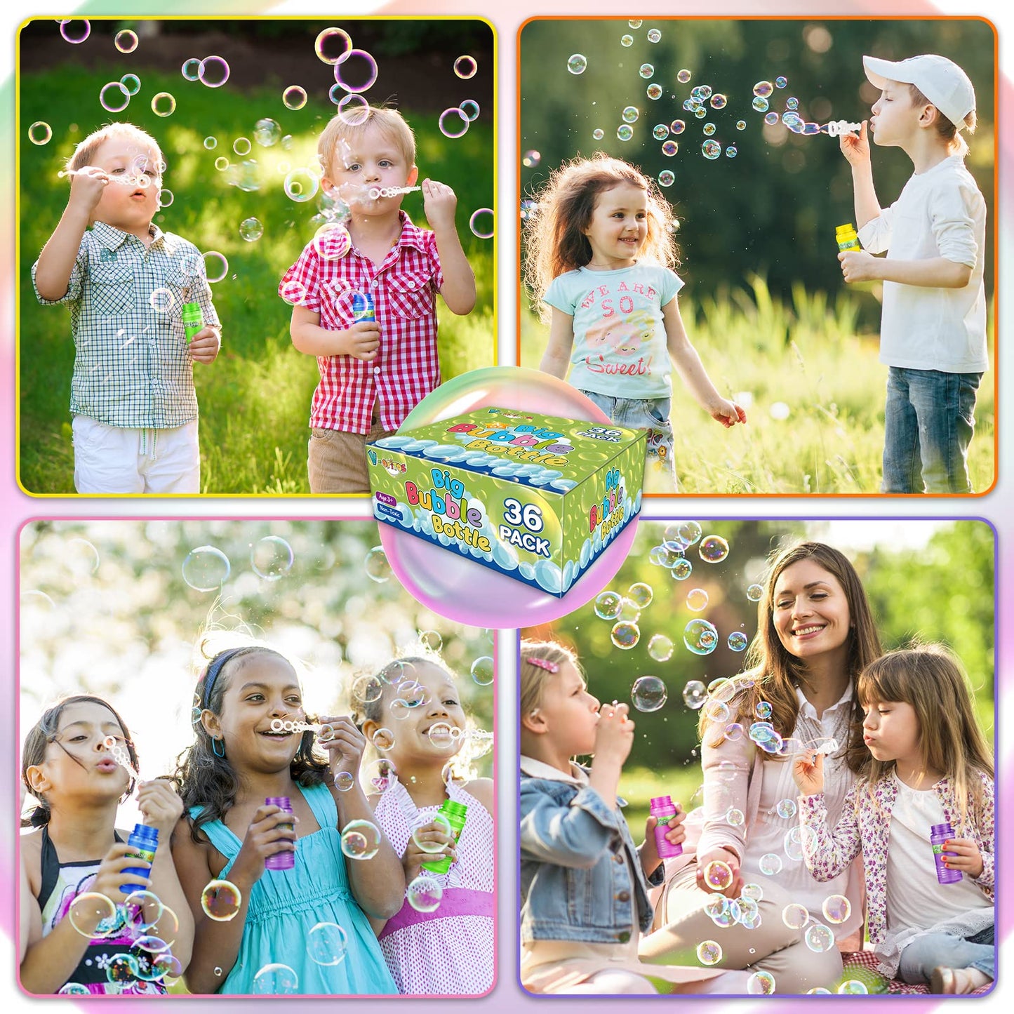 V-Opitos 36 Pack Bubble Bottles with Wands in 6 Colors, 4oz Bubbles Solution, Bubble Party Favors for Kids, Birthday, School Classroom Prizes for Boys & Girls, Ideal Goodies Bag Stuffers