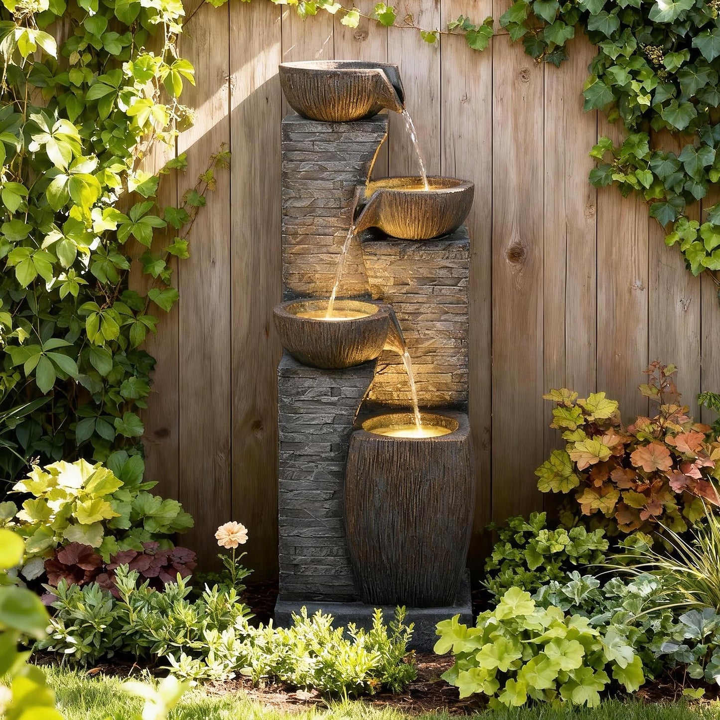 KAISOKU 38.2" Tall Outdoor Water Fountain,Stone Texture Modern 4 Tiers Cascading Bowls Garden Fountains Outdoor,Suit for Patio, Deck, Porch, Lawns, Backyard and Home Art Decor