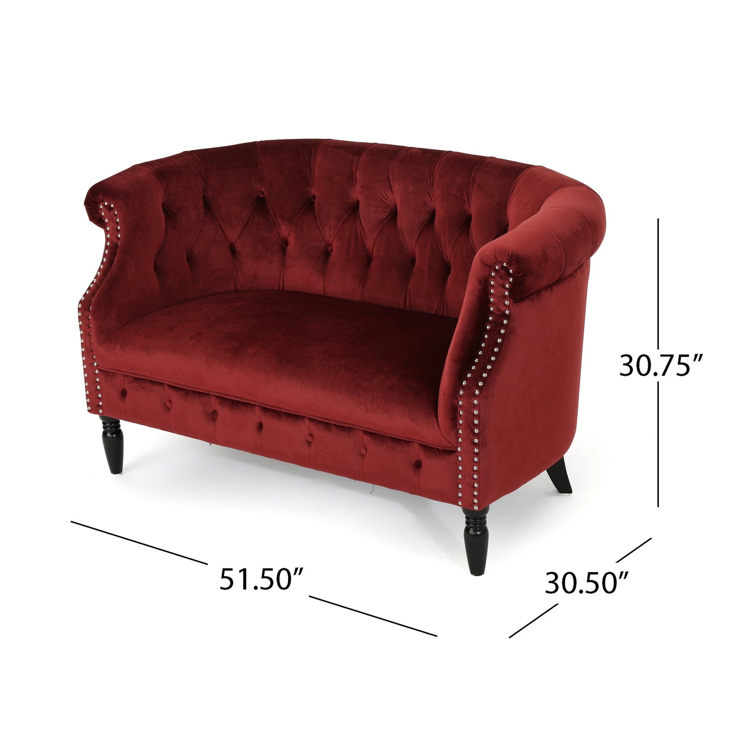 GDFStudio Melaina Tufted Chesterfield Velvet Loveseat with Scrolled Arms, Garnet and Dark Brown