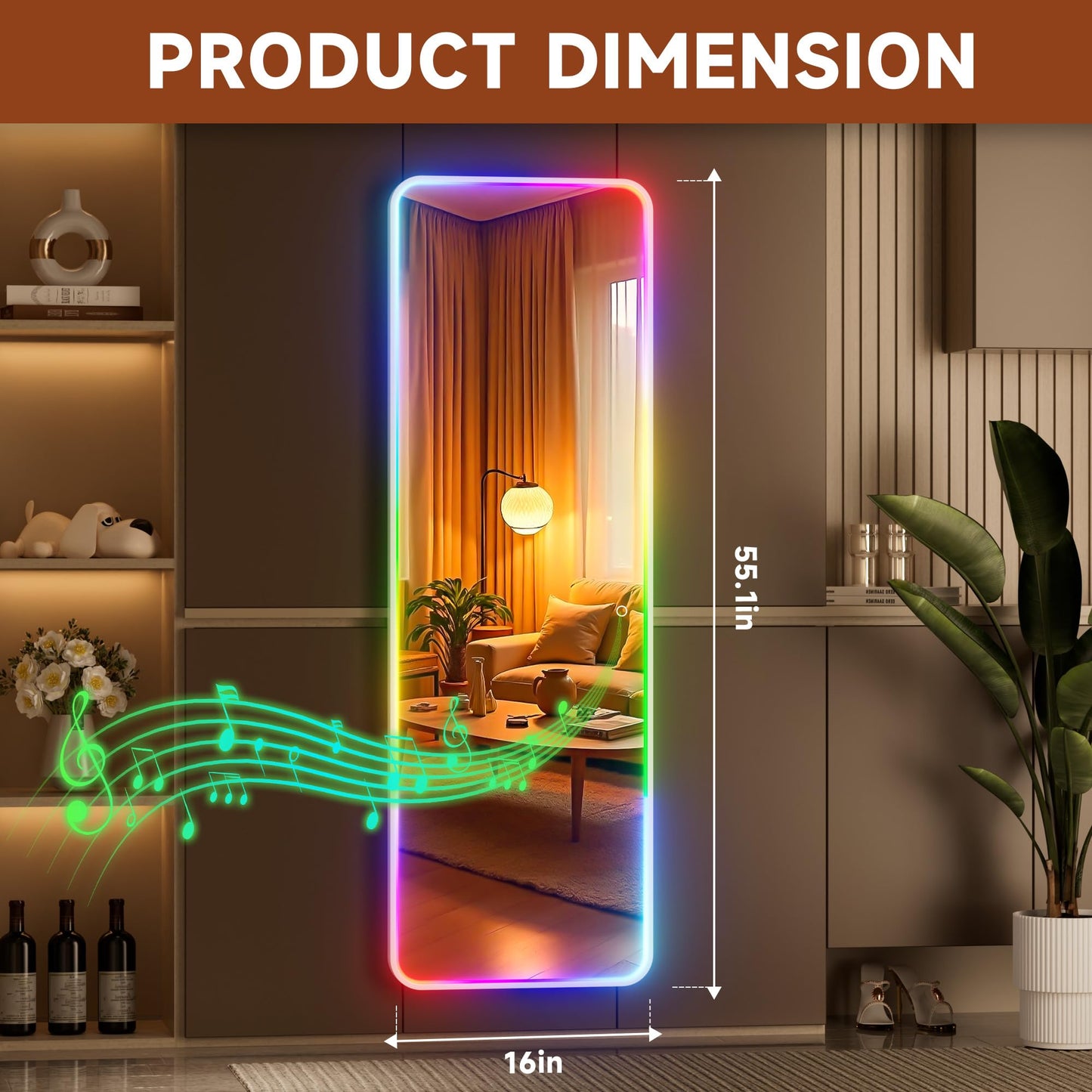 Hasipu 55"x16"LED RGB Door Mirror Full Length with Bluetooth Speaker, Full Body Full Length Over The Door Mirror with Lights, Door Hanging & Wall Mounted Mirror for Bedroom, Living Room, Cloakroom
