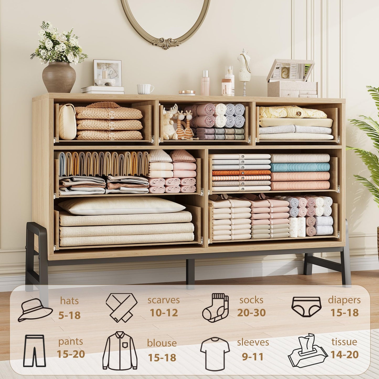 GarveeHome 7 Dresser for Bedroom, Freestanding 52 in Wide Drawer Dresser with Storage, Wooden Closet Storage Chest for Living Room, Bedroom, Entryway, Natural Oak