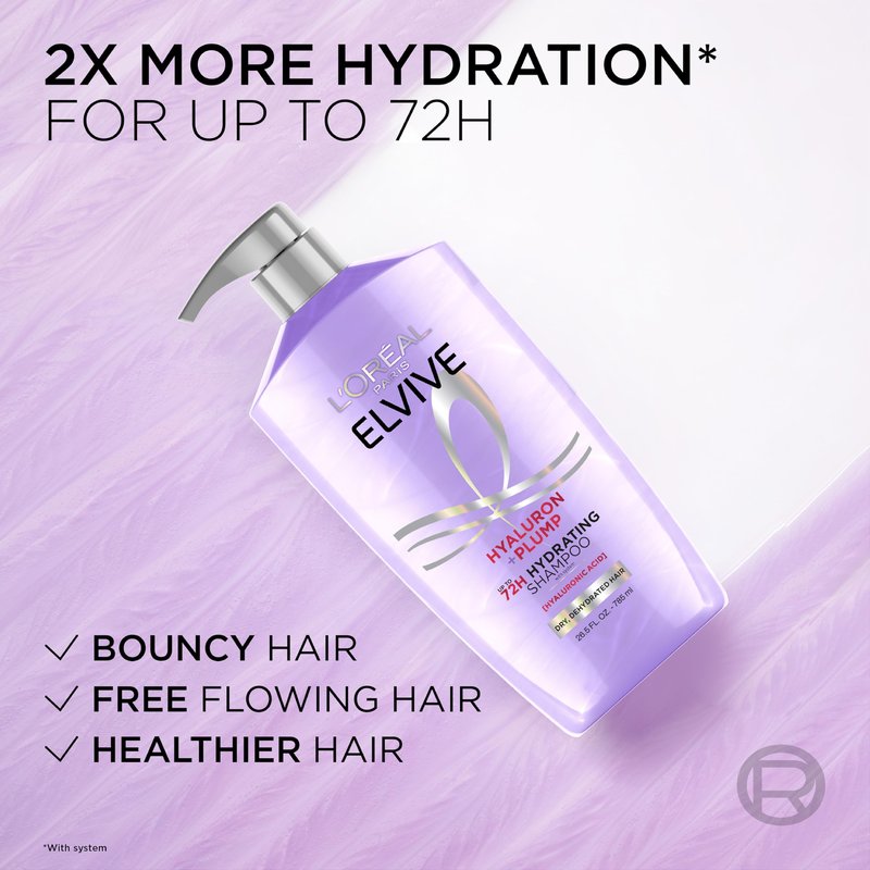 L'Oreal Paris Elvive Hyaluron Plump Shampoo and Conditioner Set for Dehydrated, Dry Hair with Hyaluronic Acid Care Complex, 1 Kit (2 Products)