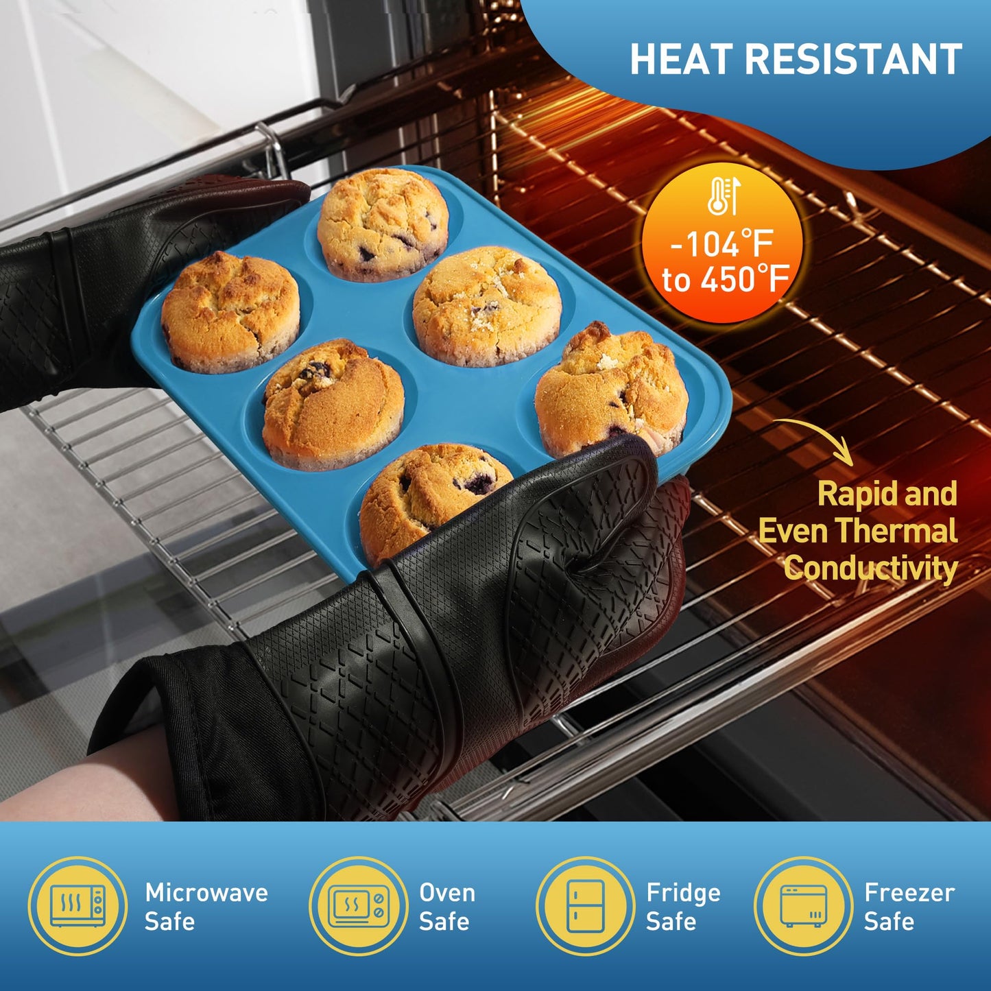 2 Pack 6 Cups Jumbo Muffin Pan with Metal Reinforced Frame Silicone Molds Cupcake Cake Baking Pans Oven Safe Silicone Molds Cookie Muffin Pan Tin Best Baking Sheets Non Toxic Clearance