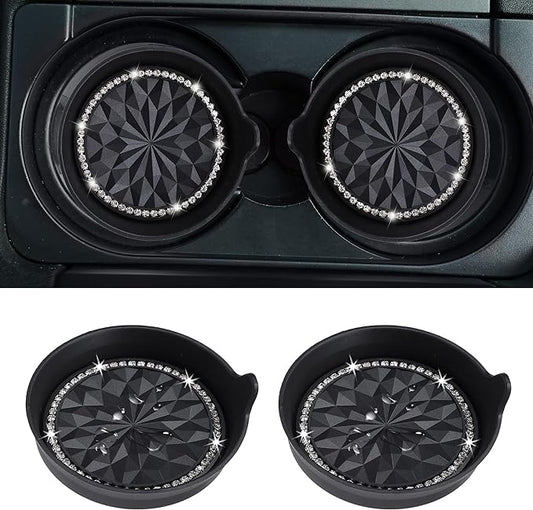 Amooca Car Cup Coaster Universal Non-Slip Cup Holders Bling Crystal Rhinestone Car Interior Accessories 2 Pack Black Flower