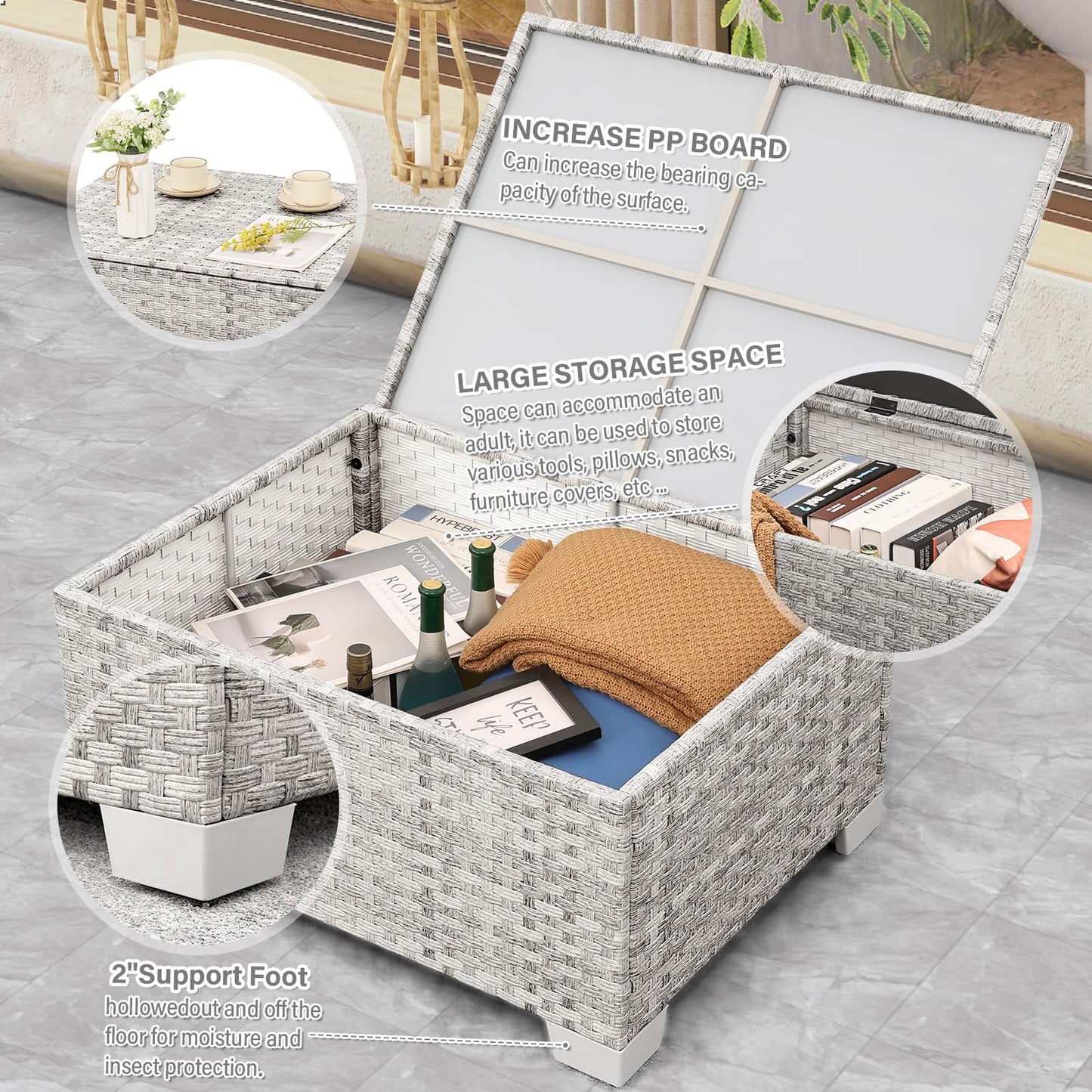 WAROOM Patio Furniture Set 6 Piece PE Rattan Outdoor Conversation Sets Grey Wicker Couch Sectional Sofa with Storage Coffee Table and Navy Blue Cushion