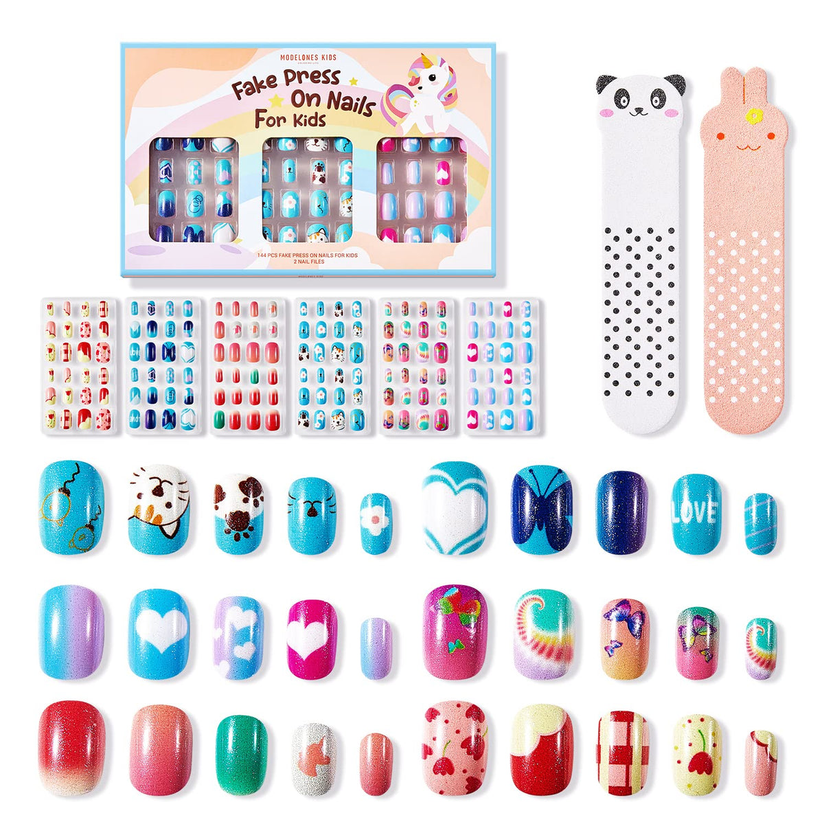 Modelones Press on Nails for Kids 144Pcs 6 Pack Children Acrylic Fake Nails Pre-glue Full Cover Glitter Gradient Color Heart Cat Short False Nail Art Kits Sets Christmas Gifts for Kids Girls