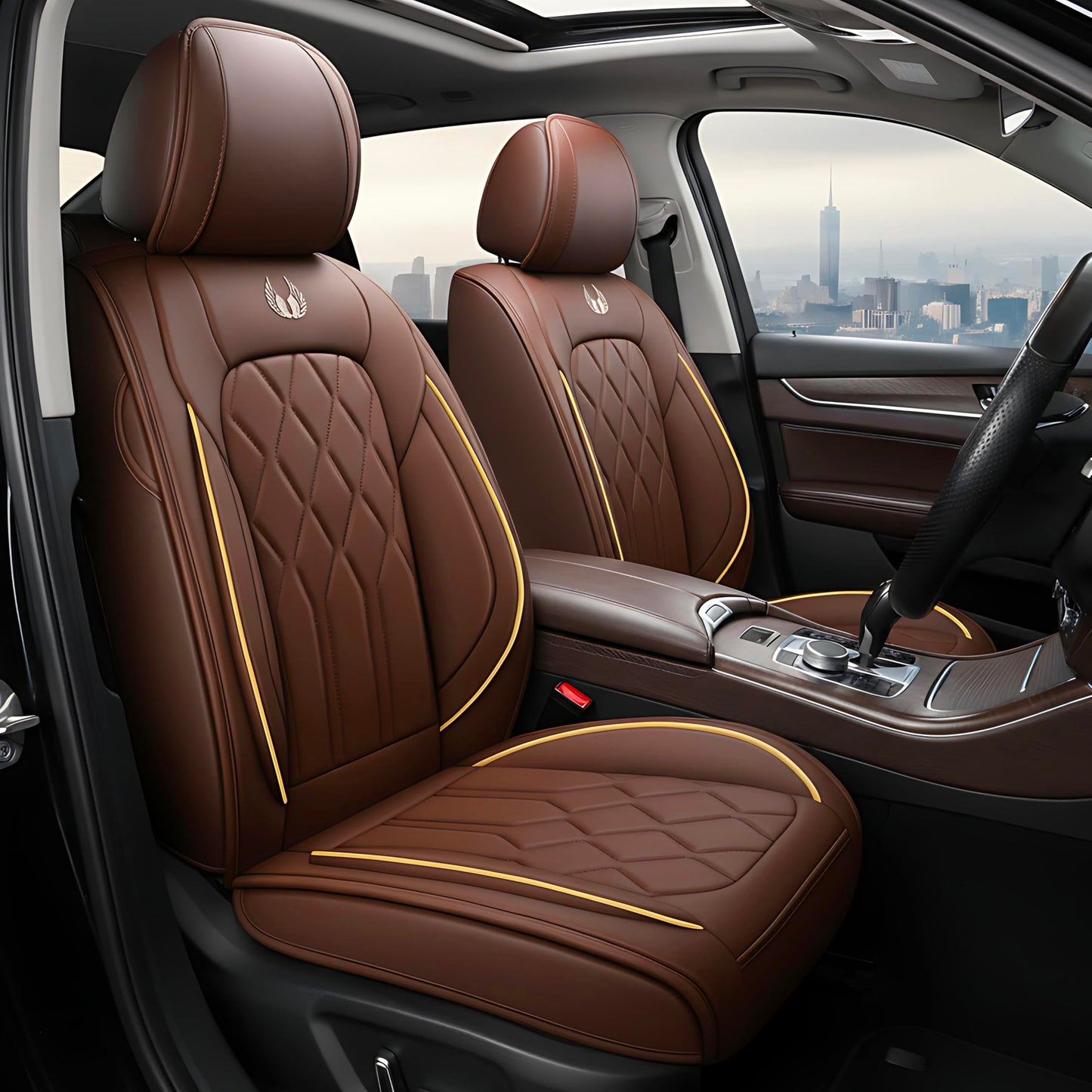 OASIS AUTO Car Seat Covers Premium Waterproof Faux Leather Cushion Universal Accessories Fit SUV Truck Sedan Automotive Vehicle Auto Interior Protector Full Set (Coffee)