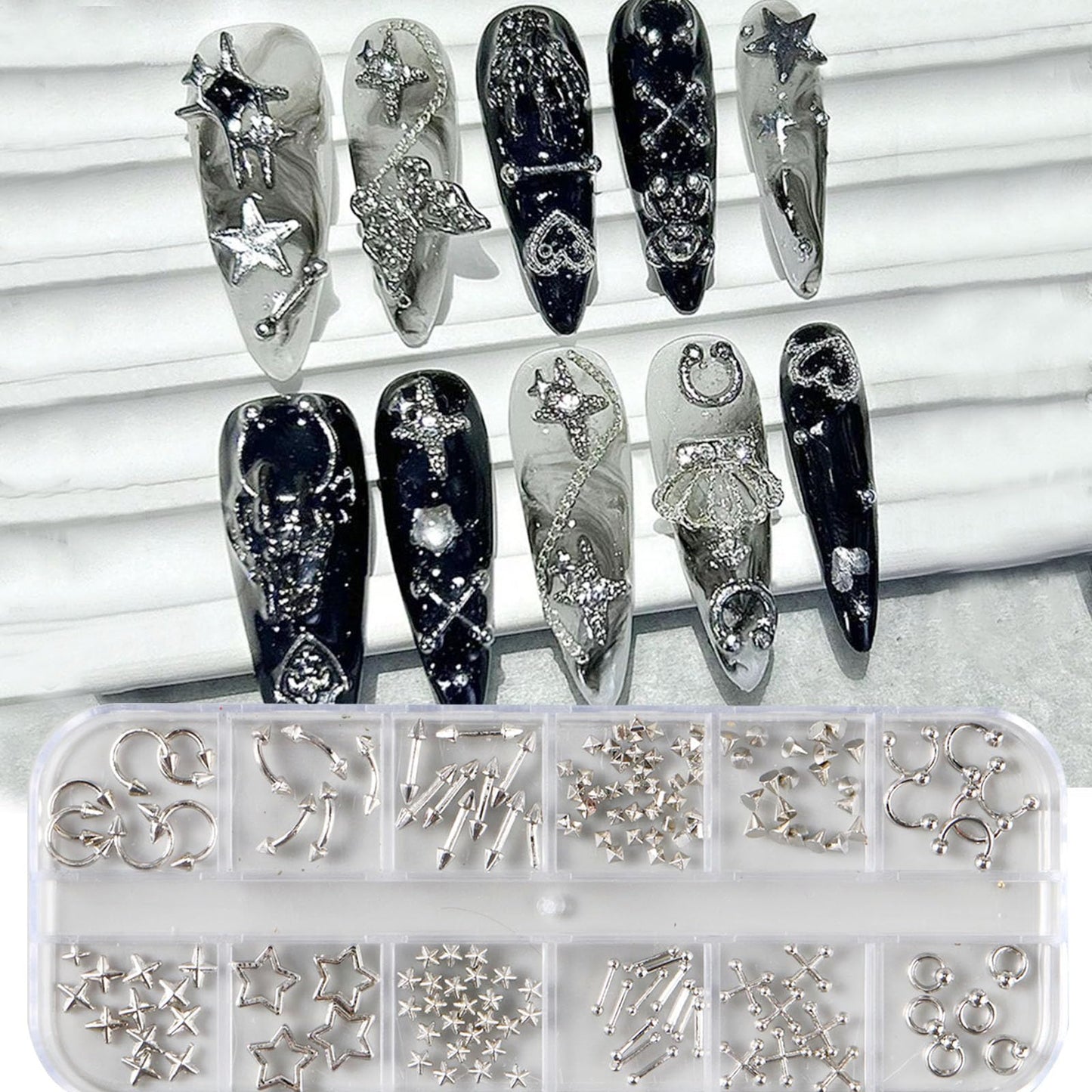 3D Metal Punk Bullet Nail Art Rivet Silver Black Nail Charm Alloy Gothic Stars Studs Spikes Beads Steel Balls Rock Mini Flat Back Y2K Nail Art Studs Nail Gems Nail Supplies Decoration