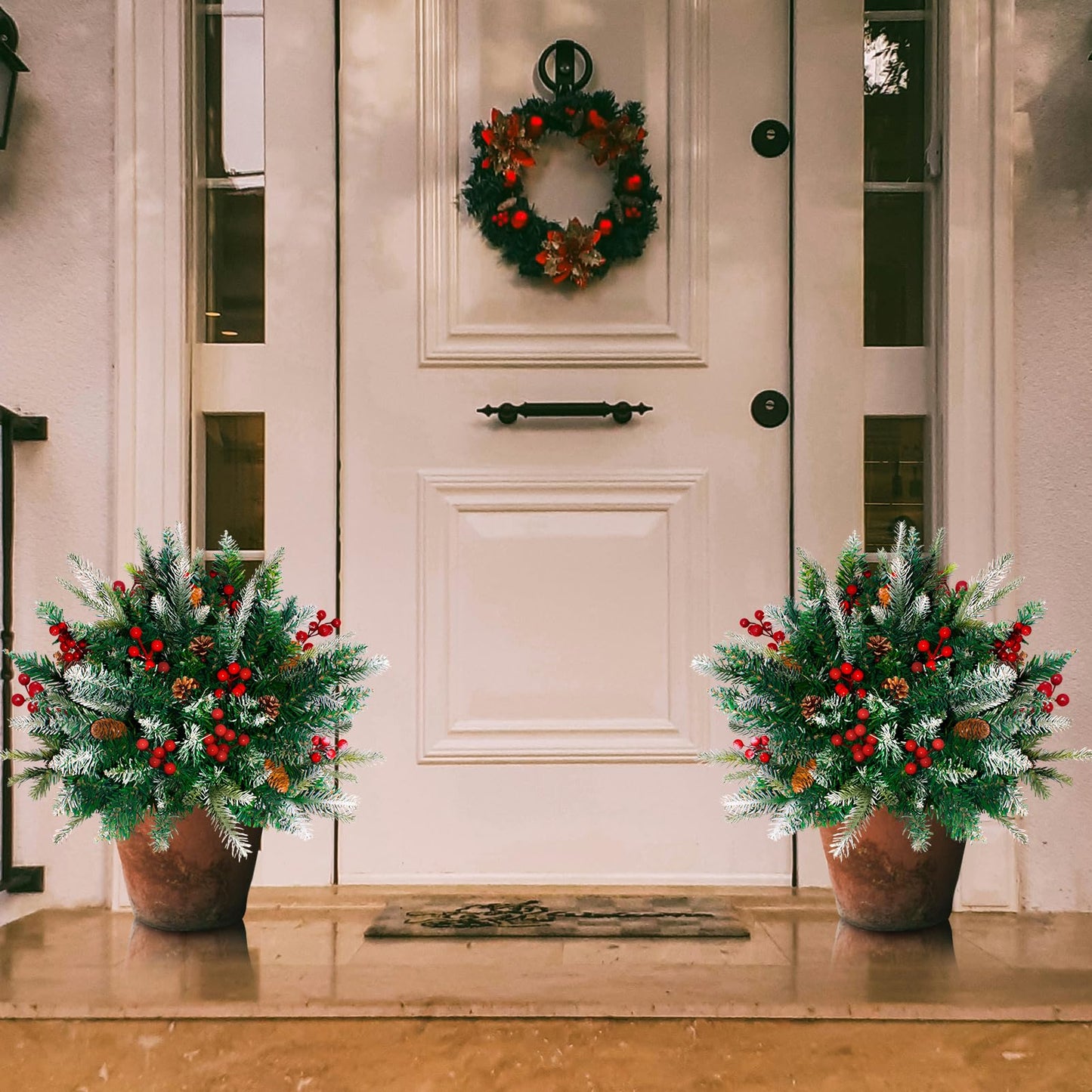 2 Pack Lighted Artificial Christmas Urn Filler, Battery Operated Pre-lit Xmas Pine Trees, Tripod Stake and 60 LED Lights, Holiday Porch Decorations for Porch, Yard, Garden, Flower Beds（Warm White）