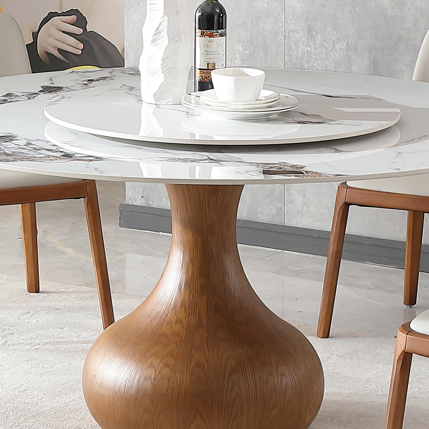 Legendstone Modern Marble Dining Table for 6, 59" Round Sintered Stone Table for Dining Room, Kitchen, Wood Base with Detachable Lazy Susan