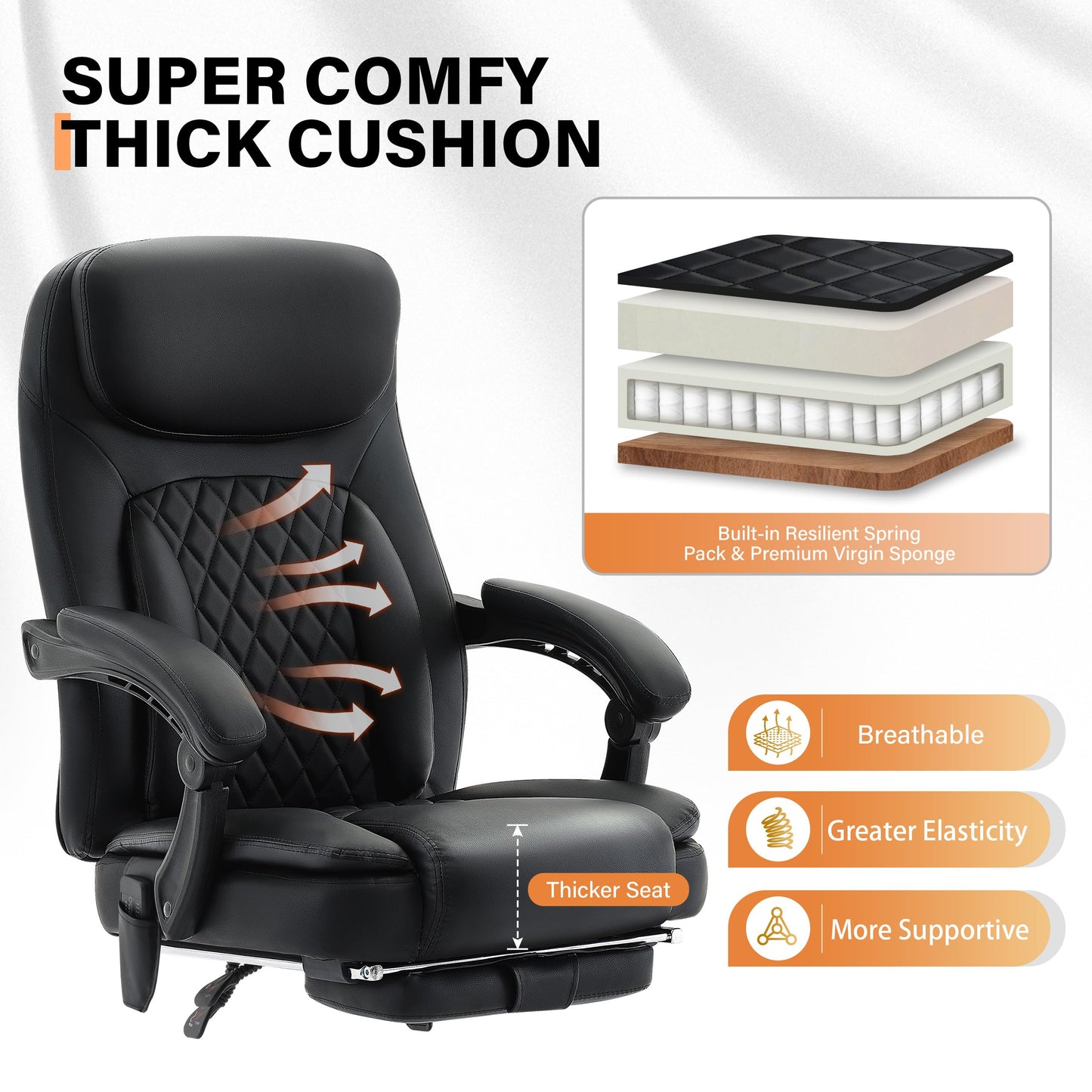 500LBS Massage Office Chair, 6 Points Vibration & Heat Executive Office Chairs, 135°Reclining Comfy Desk Chair with Footrest, Wider & Thicker Seat Cushion, PU Leather Big and Tall Gaming Chair, Black