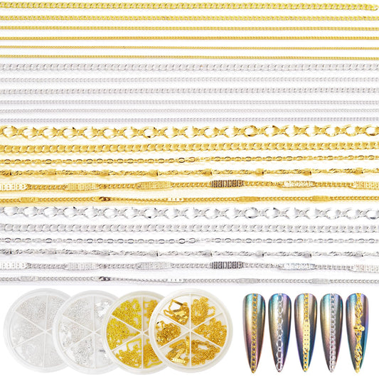DANNEASY 24 Strips Nail Chain Charms, 3d Metal Nail Charms, Gold Silver Nail Art Chains Studs Nail Jewelry Chains for Manicure Decoration DIY Nails Accessories