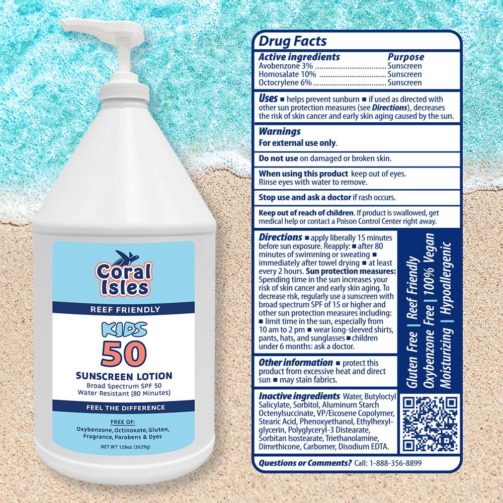 Coral Isles by Rocky Mountain Sunscreen | SPF 50 KIDS Lotion | Broad Spectrum UVA/UVB Protection | Hawaii Reef-Safe Act Compliant | Oxybenzone & Octinoxate Free | Water Resistant 80 Min. | 128 Fl Oz
