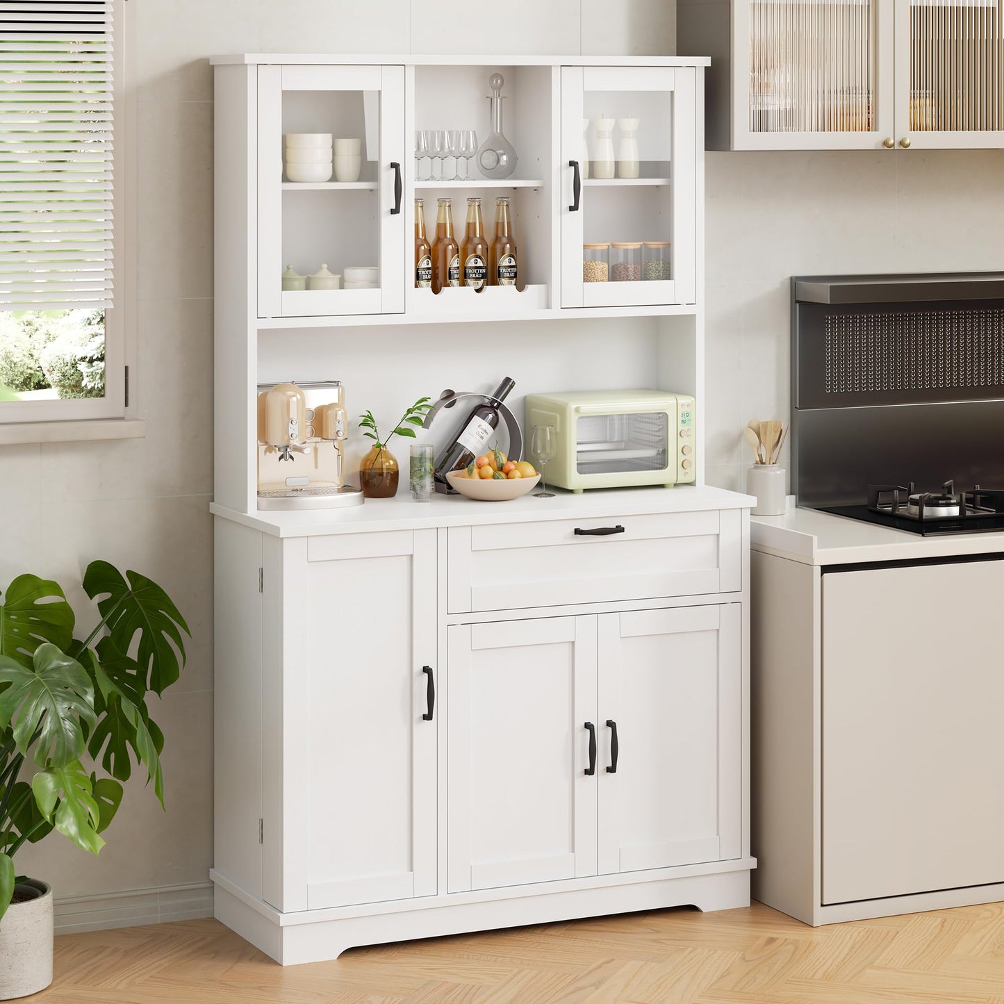 Shintenchi Kitchen Pantry Storage Cabinet, Freestanding Buffet Cabinet with Microwave Stand & 4 Door Shelves, Kitchen Hutch with Doors, Adjustable Shelves and Wine Rack, White