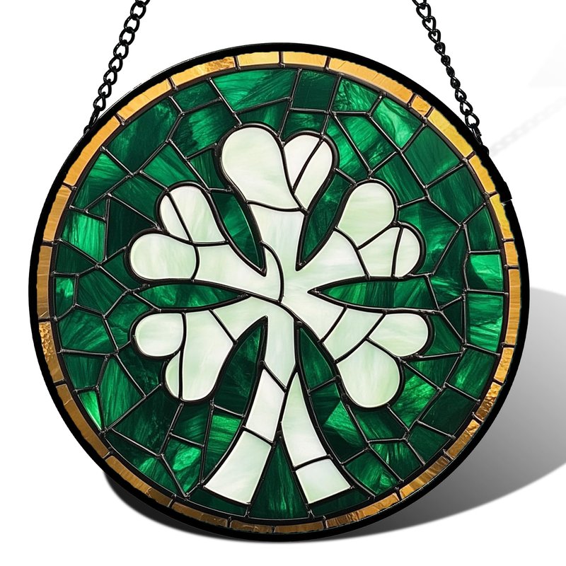 QZQCBLC Stained Glass Window Hanging Green Clover 6.3" - Suncatcher Door Garden Sun Catcher Home Ireland Decor Birthday Mother's Day St Patrick's Day Gifts for Mom Men Woman Wife Friend