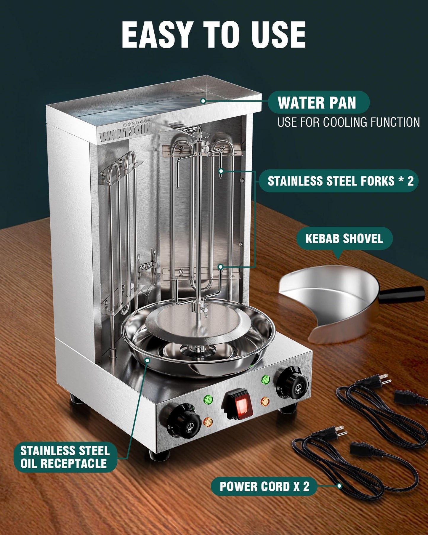 WantJoin Shawarma Grill Machine - 22 lbs Electric Vertical Rotisserie with 2 Burners and Shovel for Home, Stainless Steel Rotating Doner Kebab 122°F to 572°F Temp For Chicken, Beef, Gyro Meat, 2520W