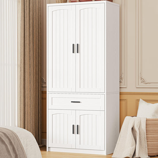 LIKIMIO 77" Tall Armoire Wardrobe Closet, Wooden Wardrobe with 4-Door and Drawer, White Clothes Storage Cabinet with Hanging Rod and Adjustable Shelves for Bedroom