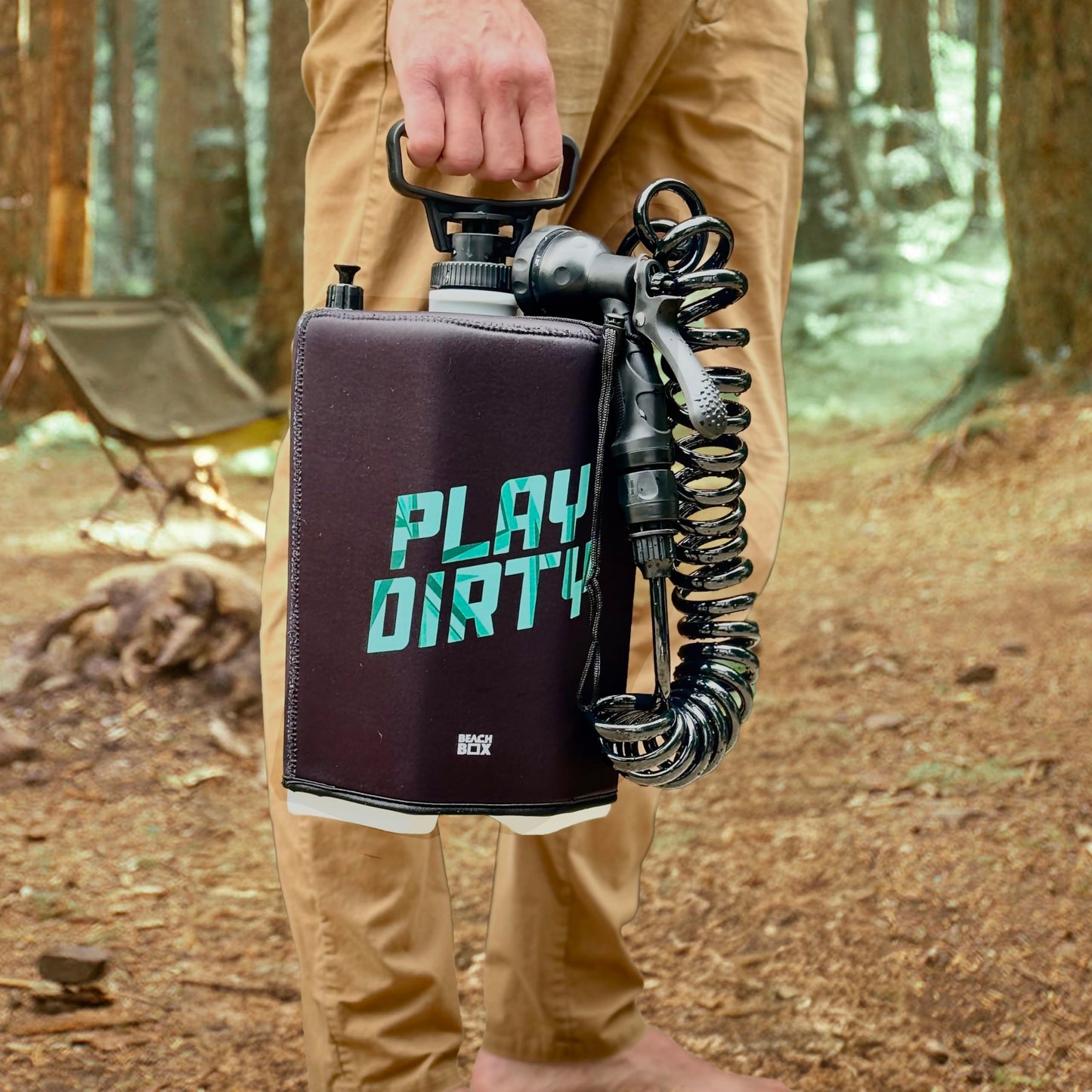 BeachBox 5 L Portable Shower for Camping with 5-Mode Spray Gun | Hand Pump (40–50 PSI), Neoprene-Insulated 7 ft Hose, Screw-Top Lid & Valve | Outdoor Portable Camp Shower (Play Dirty/Black)