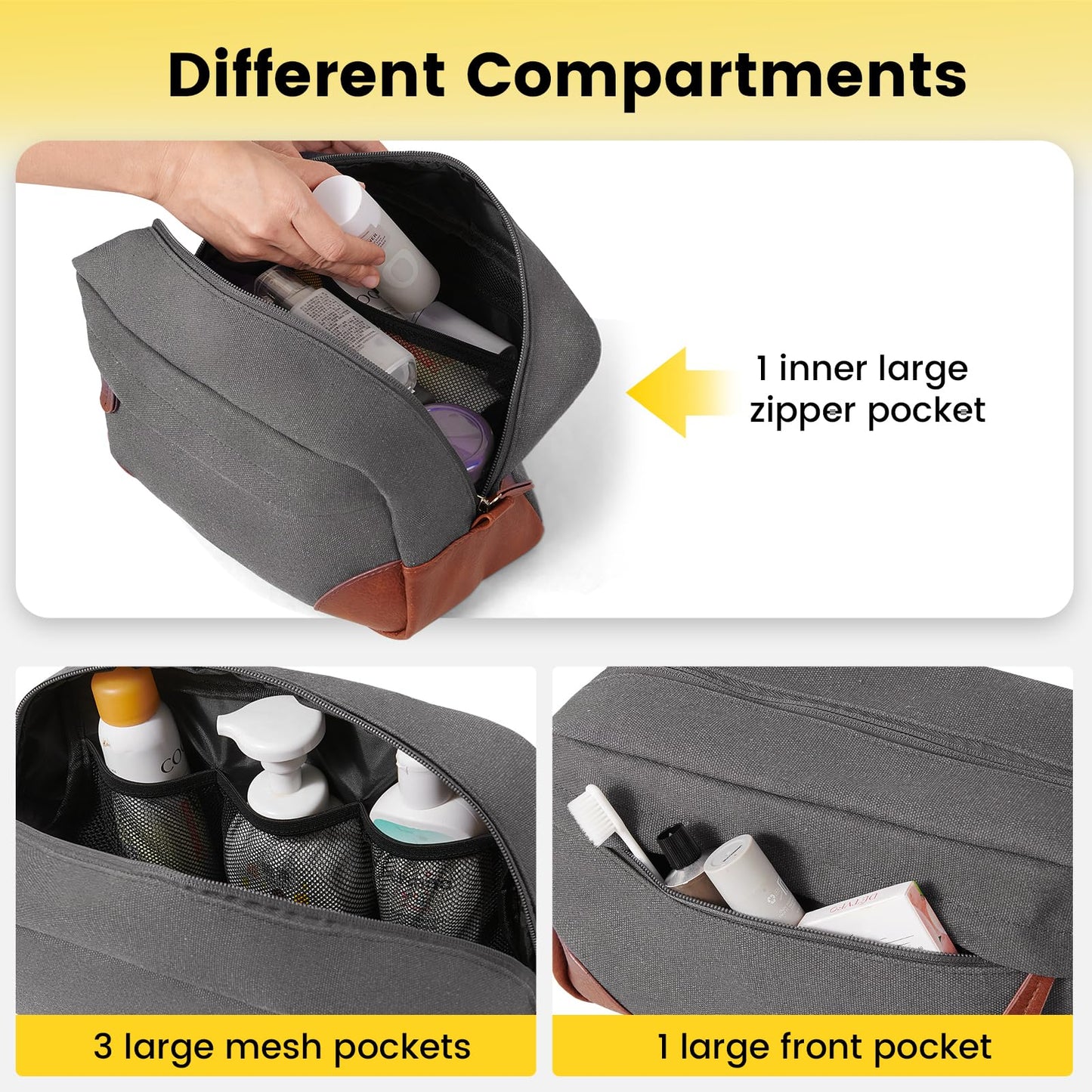 Vorspack Large Travel Toiletry Bag - Hanging Toiletry Bag for Men Water Resistant Canvas Shaving Bag with Large Capacity for Home Travel - Light Grey
