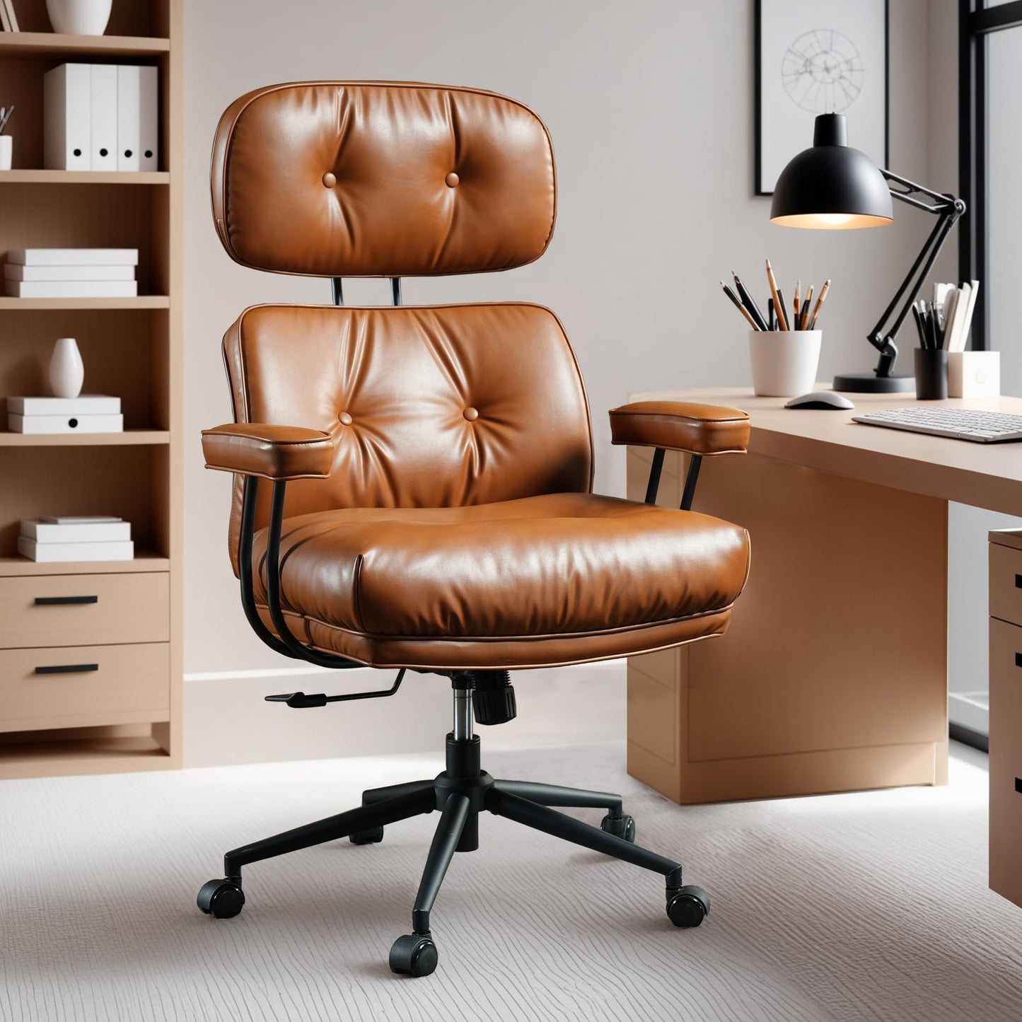 ovios Ergonomic Office Chair, Mid-Century Modern Faux Leather Executive Chairs with Thick Cushion, Comfy High Back Swivel Rolling Computer Armchair (Brown, PU Leather)