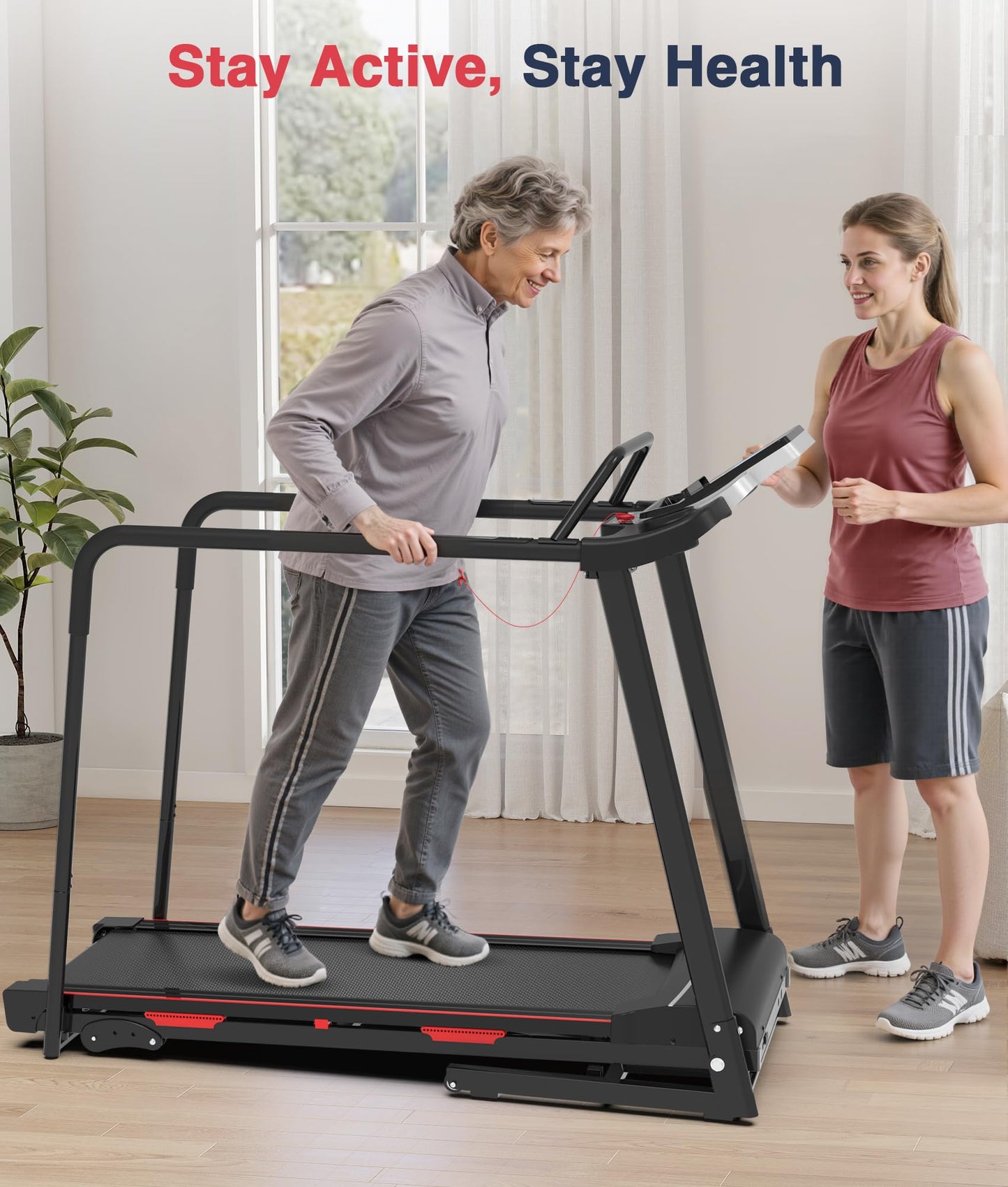 Redliro Walking Treadmill for Seniors Foldable - 400 Lb Capacity Senior Treadmill with Front & Long Handrails, 0%-2% Incline Home Recovery Fitness Exercise Machine for Elder, 47.6” Long Belt, APP