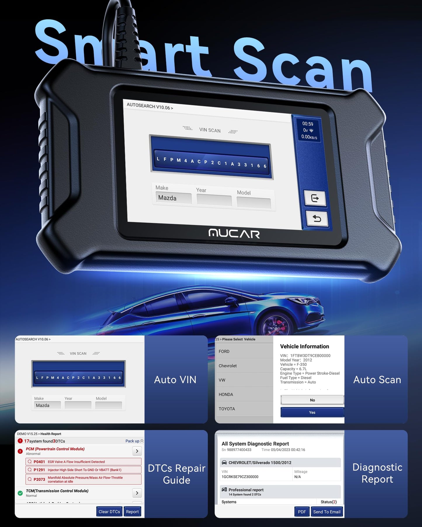 MUCAR CS90 OBD2 Scanner Diagnostic Tool with 28+ Reset Services, Oil/EPB/SAS/BMS/Injector, ABS Bleeding, Throttle Relearn, ABS SRS Engine Transmission Code Reader, FCA AutoAuth, Lifetime Free Update