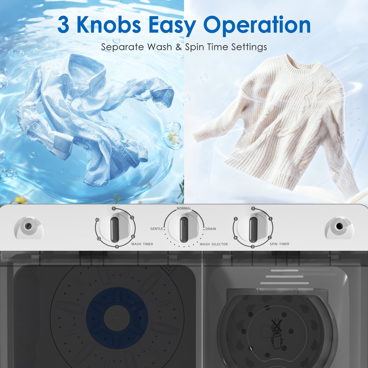 MarKnig Portable Washing Machine, 28lbs Twin Tub Mini Washer Compact Laundry Machine with Timer Knobs, Semi-automatic 18lbs Washer 10lbs Spinner Combo for Dorms, Apartments, Grey