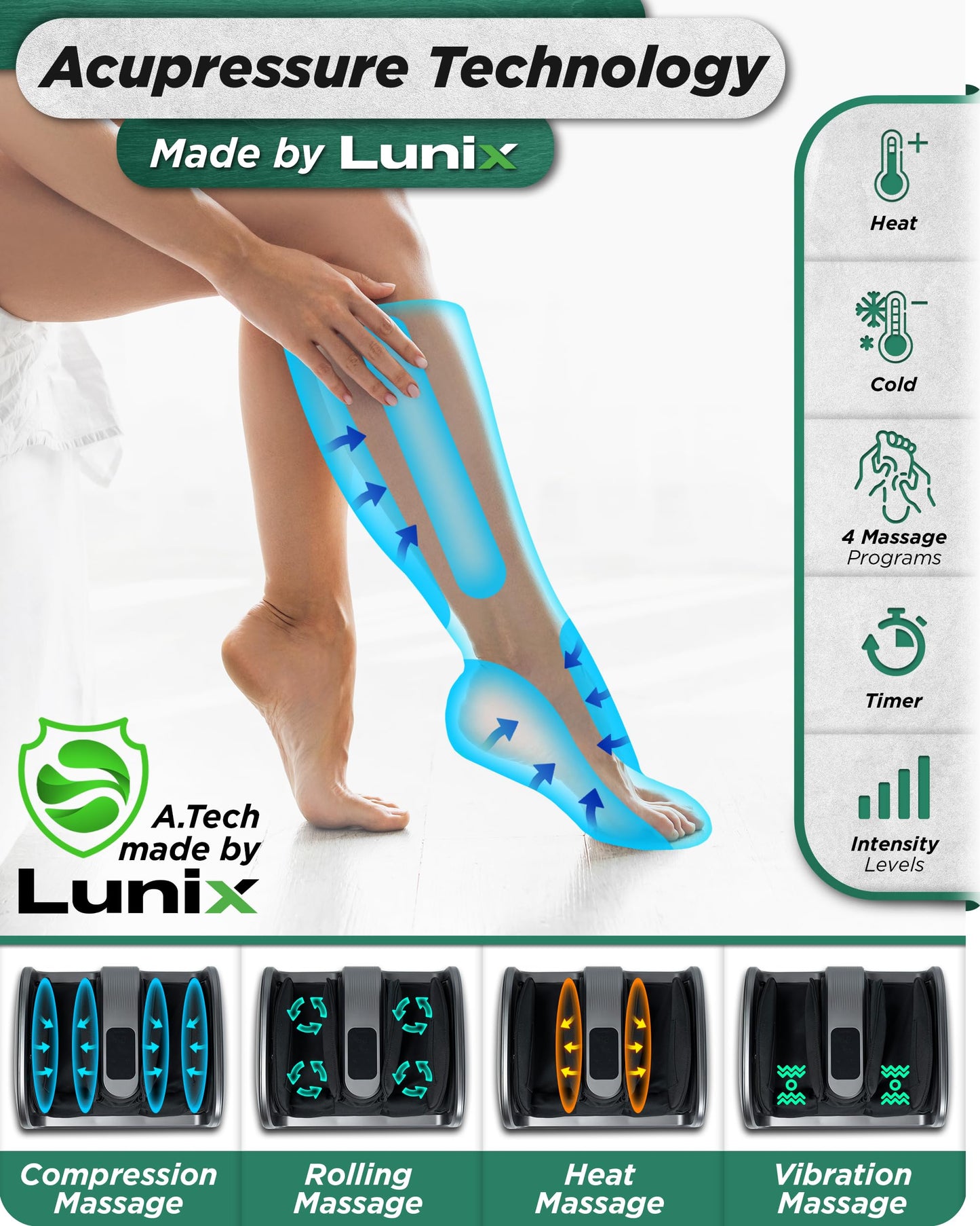 Lunix LX20 FSA Foot Massager for Pain Relief and Circulation, Foot and Calf Shiatsu Massager for Plantar Fasciitis and Neuropathy with Heat, Ankle Therapy Device