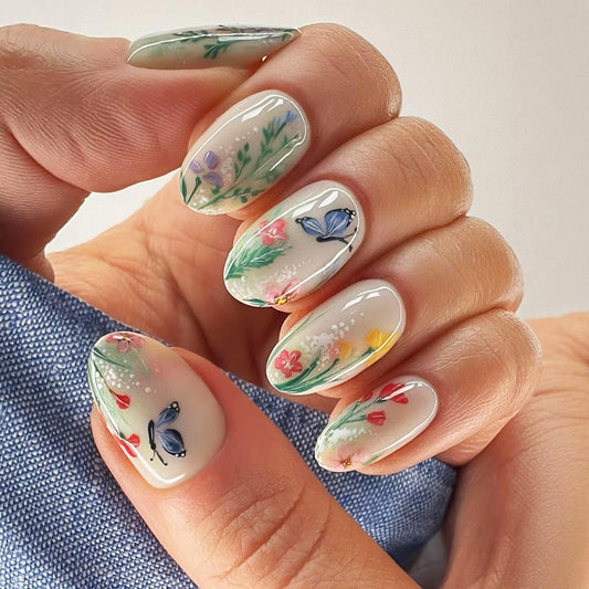 Flower Press on Nails Short Oval, Floral False Nails, Glossy Green Ombre Fake Nail Butterfly Glue on Nail, Leaf Stick on Reusable Acrylic Fingernails for Women Summer Daily Wear