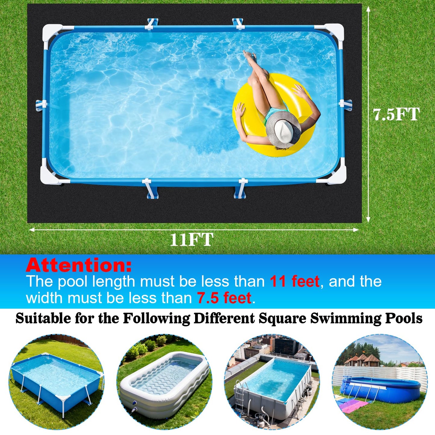 ComfyKit 11x7.5ft Rectangular Pool Liner Pad for Above Ground Swimming Pools,Thickened Under Pool Mat Padding,Pools Bottom Liner Protector to Prevent Punctures & Extend Liner Life