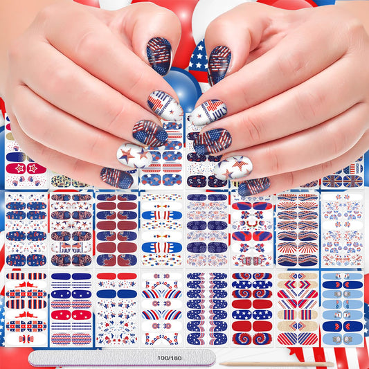 DANNEASY 24 Sheets 4th of July Nail Polish Stickers Full Nail Wraps Independence Day Self Adhesive Nail Polish Strips Fingernail Stick on Nails for Women with Nail File, Cuticle Stick
