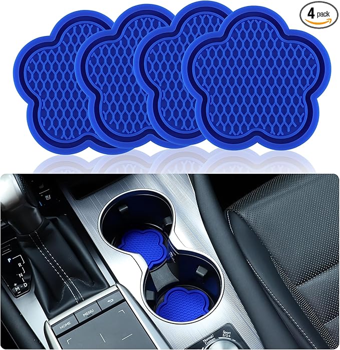 GaRhomxy Car Cup Holder Coaster, Universal Non-Slip Recessed Flower Shaped Cup Holders, Cute Car Accessories Interior for Women and Man Interior Sets 4 Pack (Blue)