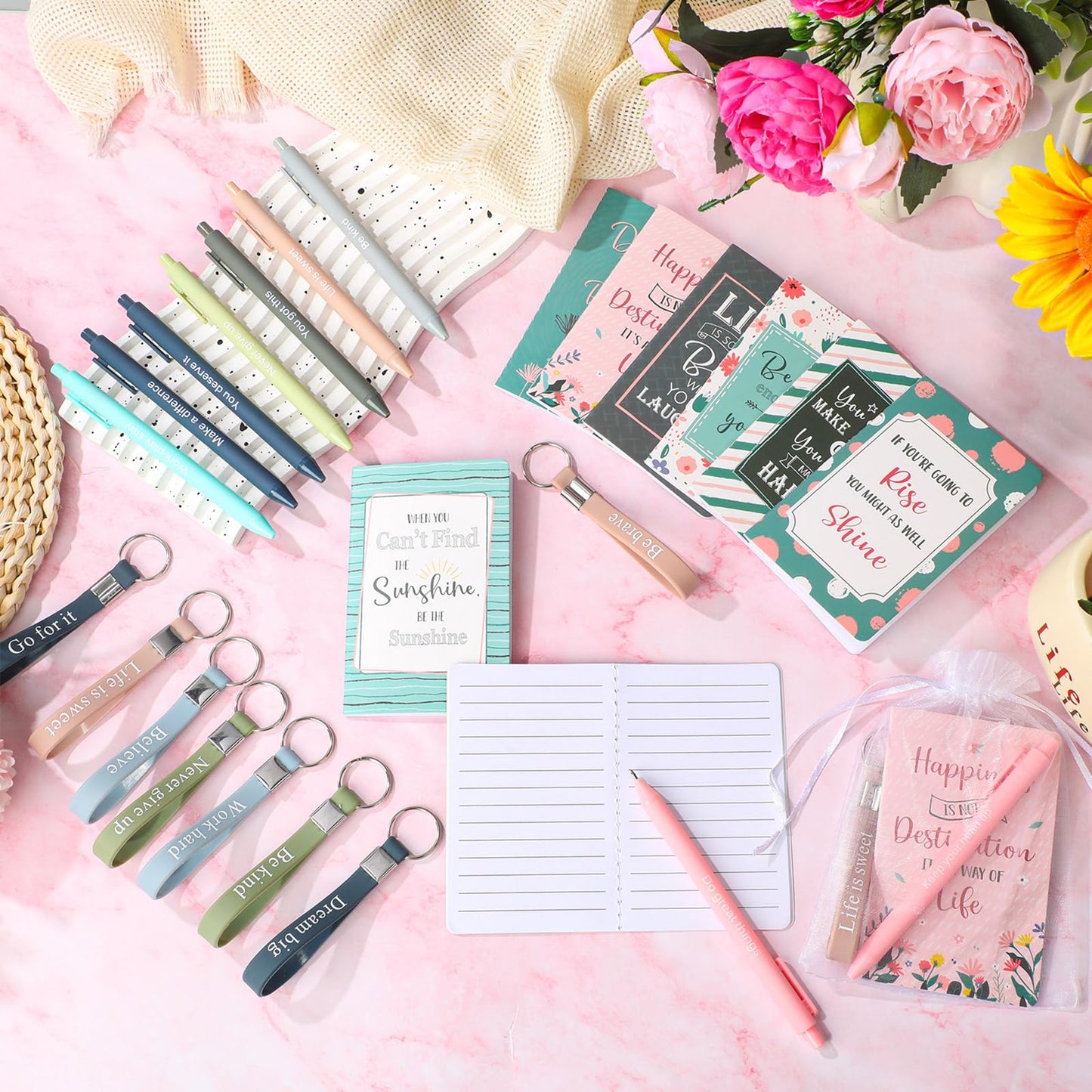 Pajean 128 Pcs Inspirational Gifts Bulk Motivational Notebooks Journal Ballpoint Pens Positive Keychains Organza Bags for Students Teachers Employee School Office Prizes Favors Supplies(Simple)