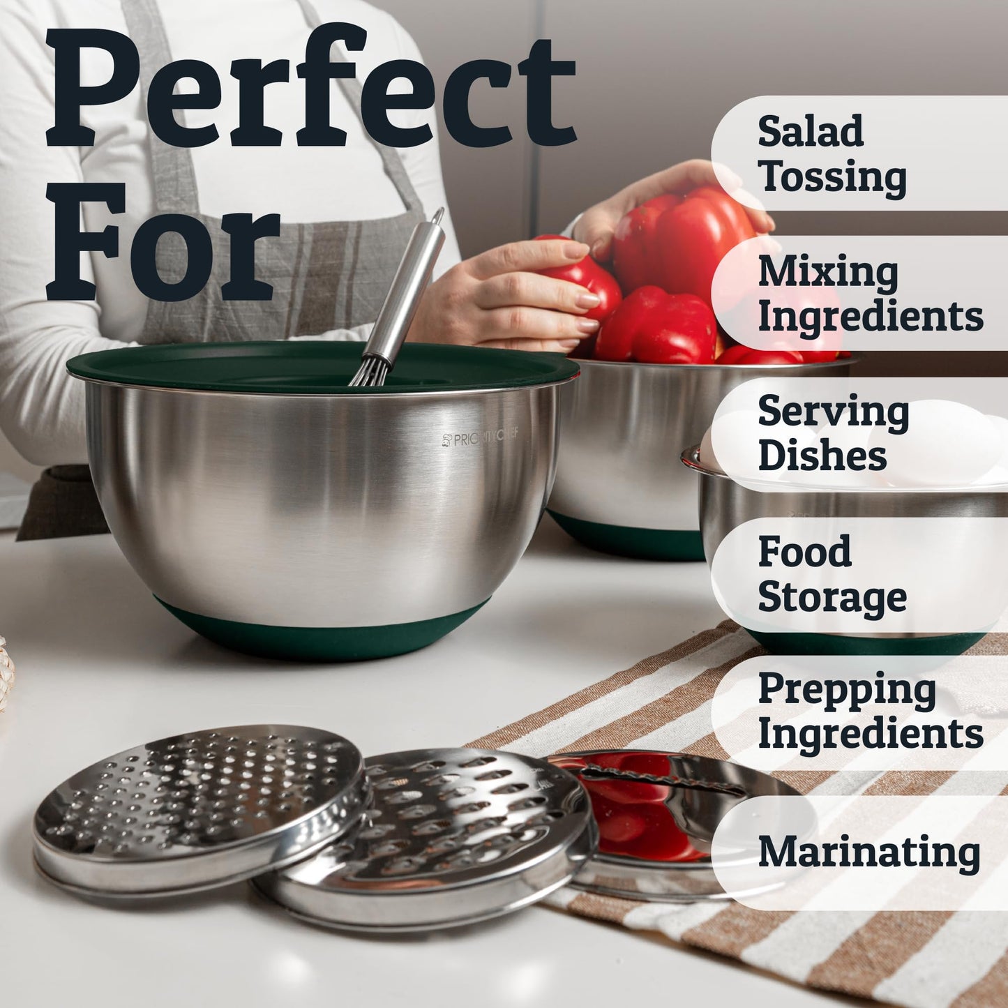 Priority Chef Stainless Steel Mixing Bowls with Lids Set, 3 Grater Attachments, Airtight Lids, Non-Slip Silicone Base Mixing Bowl Set, Large Prep Metal Mixing Bowls for Kitchen, Green