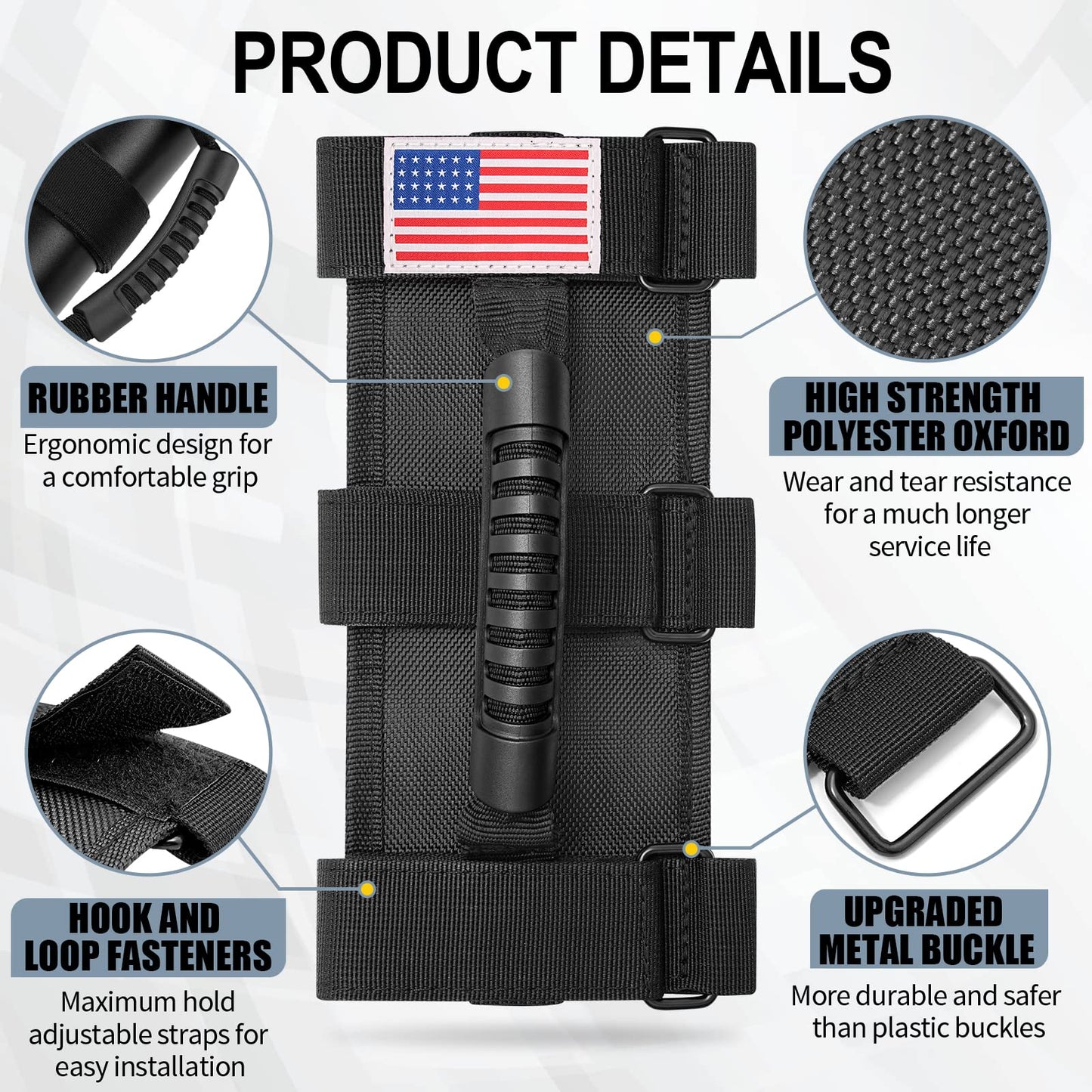 moveland Roll Bar Grab Handles with US Flag, 2 x Grip Handles for 1955-2023 Jeep Wrangler JL, JK, TJ, YJ & Jeep Gladiator Accessories - Upgrade Metal Buckle, Strong & Durable