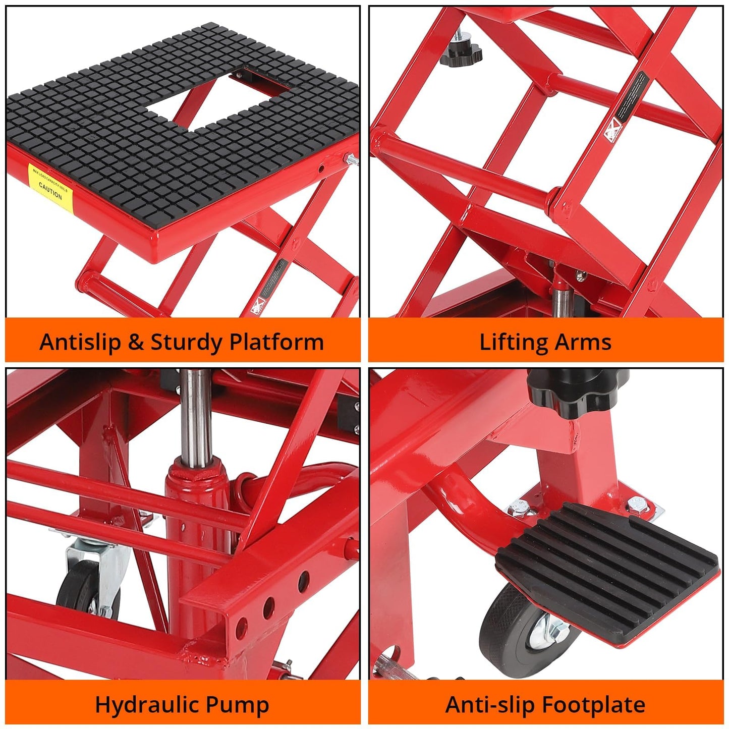 Hydraulic Motorcycle Lift Jack Table, 350 lbs Capacity Heavy Duty Motorcycle Scissor Jack Lift with Wide Deck, J-Hooks, 4 Wheels, Hydraulic Foot Operated Jack Stand for ATV Dirt Bikes